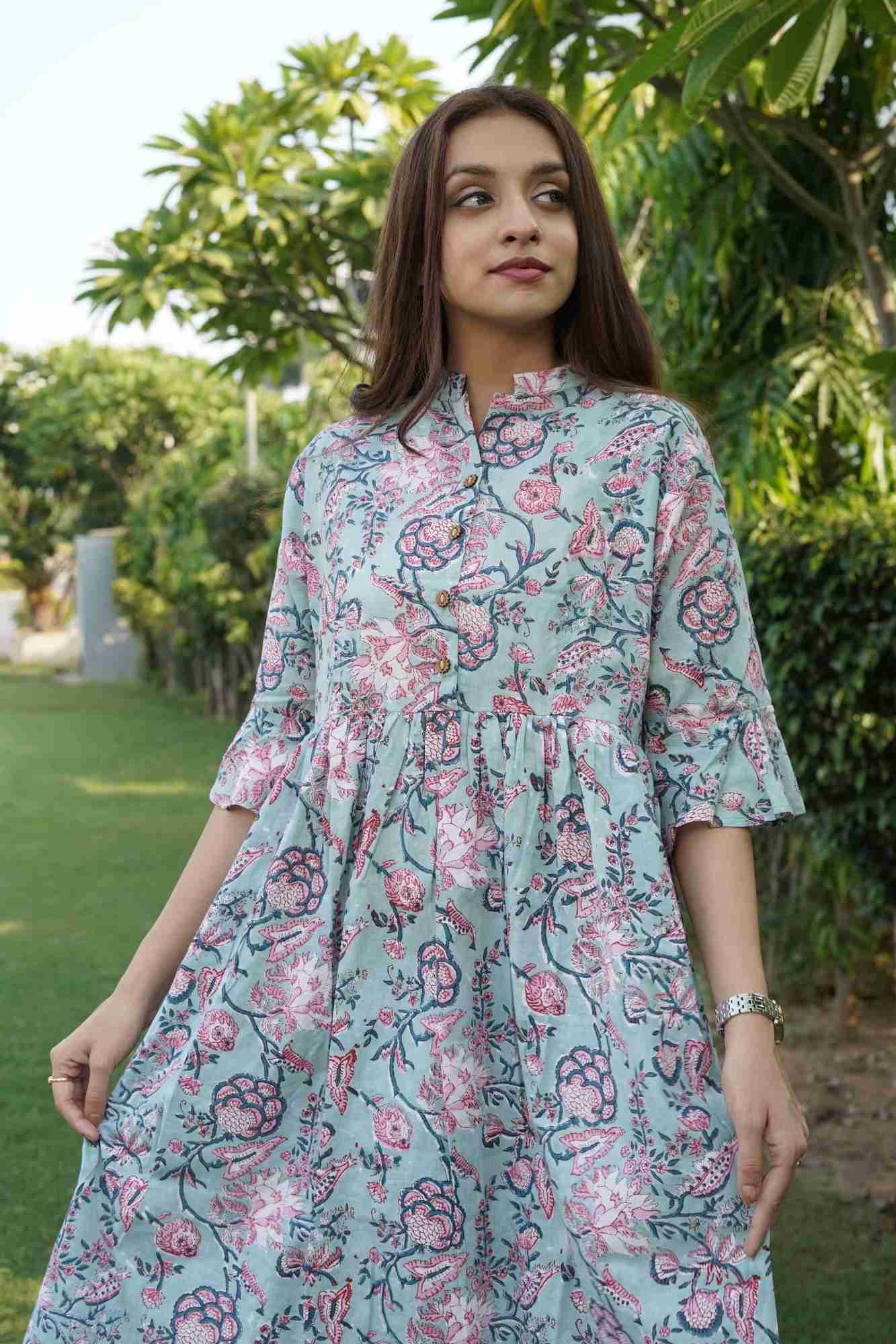 Pastel Love Dress in Mint Green Cotton with floral hand block print