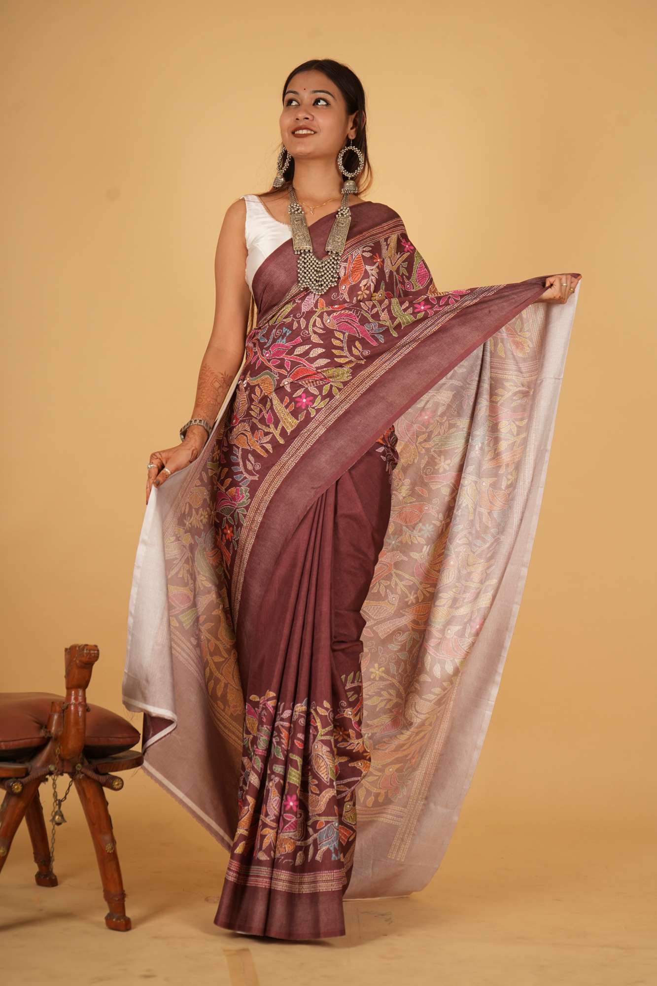 Soft Art Silk With Madhubani Kantha Print Ready To Wear Saree
