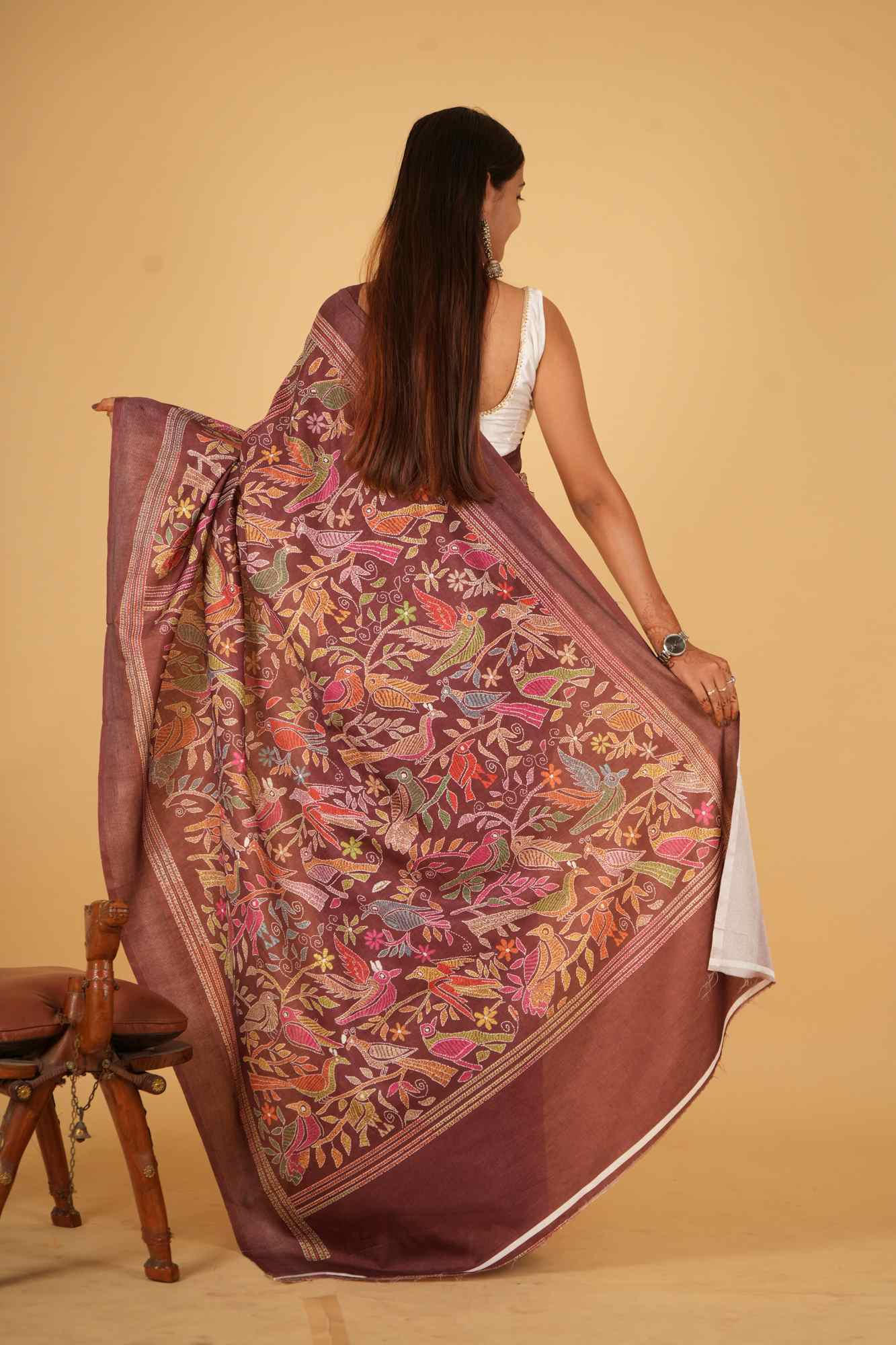 Soft Art Silk With Madhubani Kantha Print Ready To Wear Saree