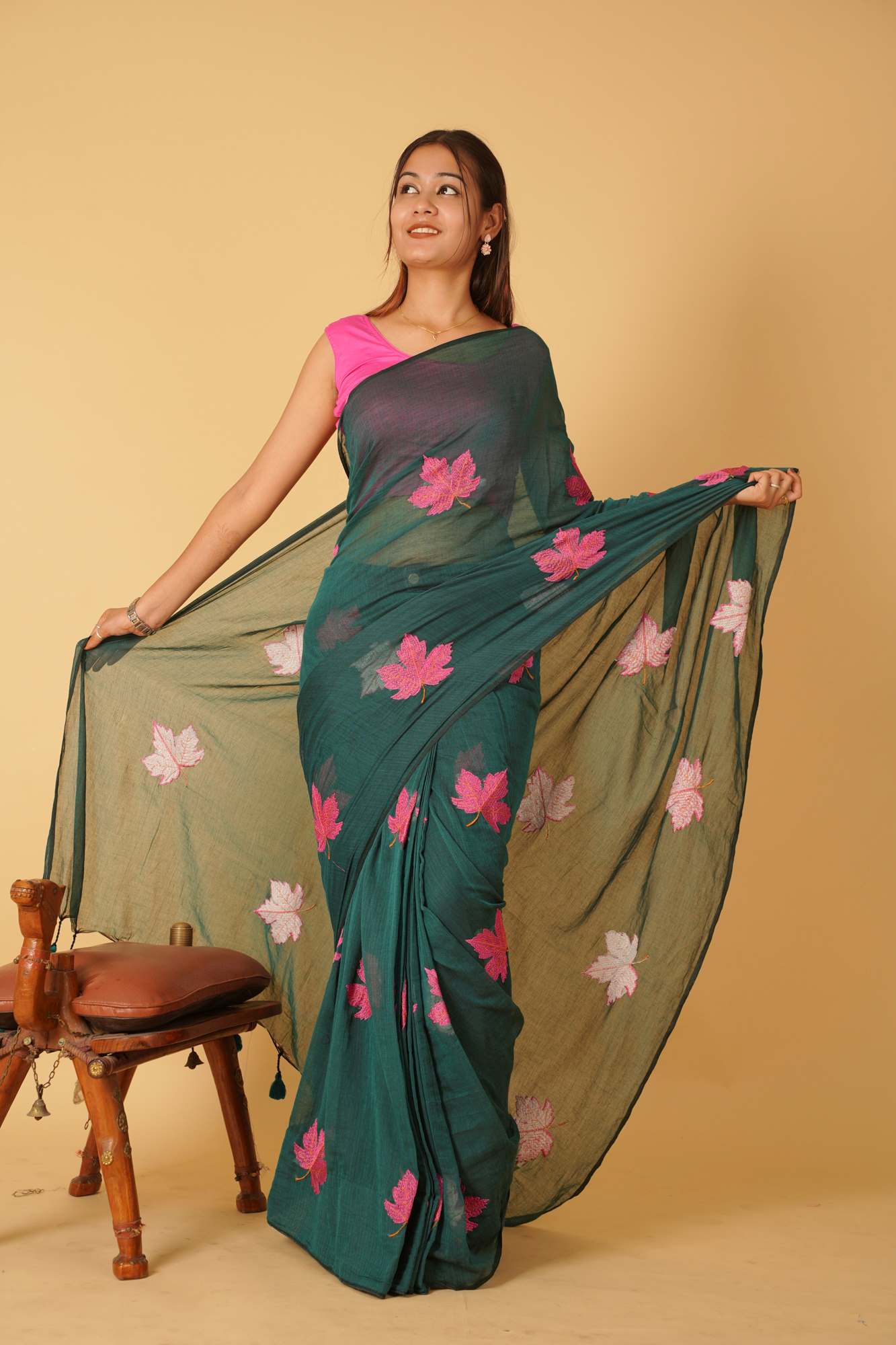 Leave Embroidered Teal Green Mul Cotton & tassel on pallu Ready To Wear Saree