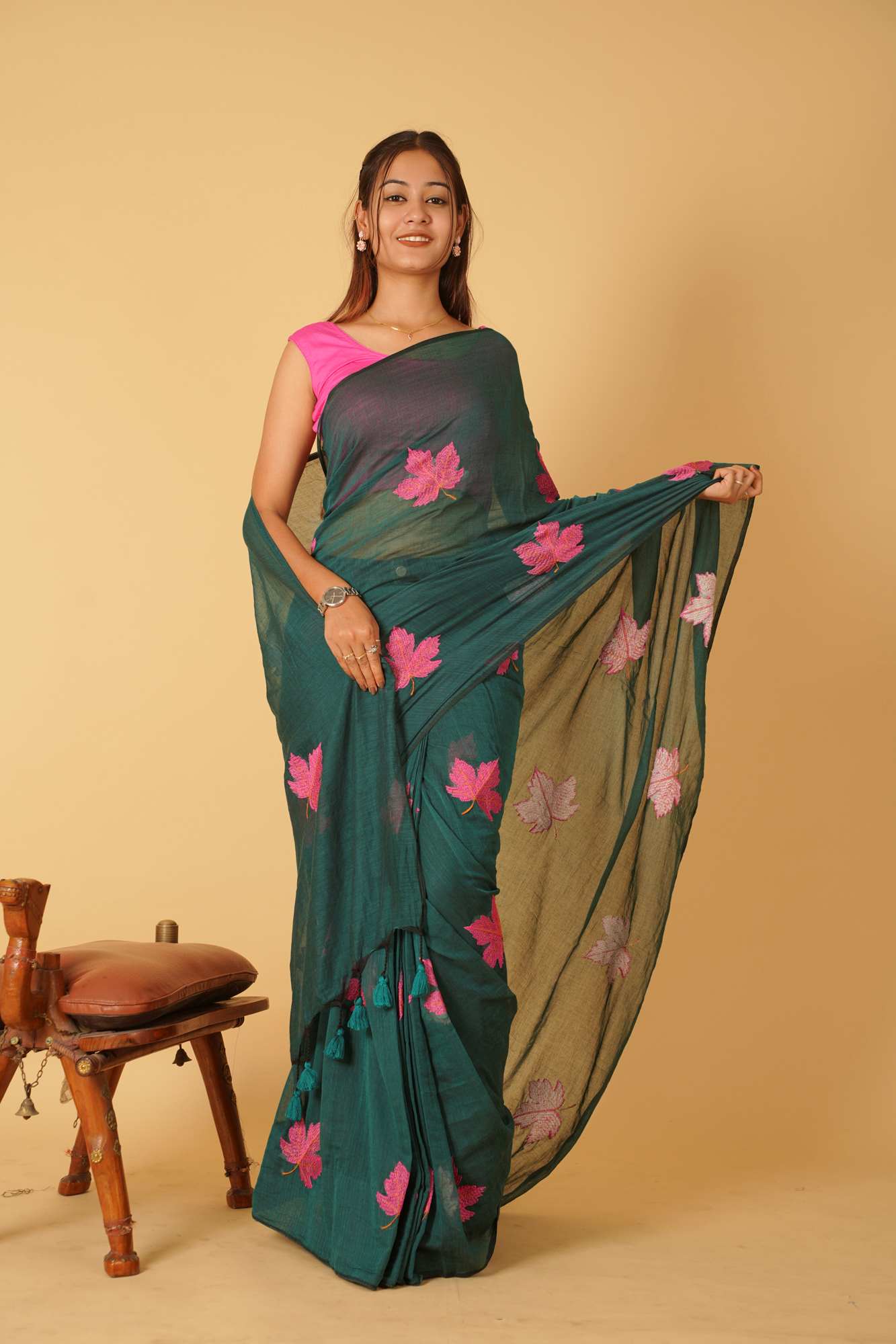 Leave Embroidered Teal Green Mul Cotton & tassel on pallu Ready To Wear Saree