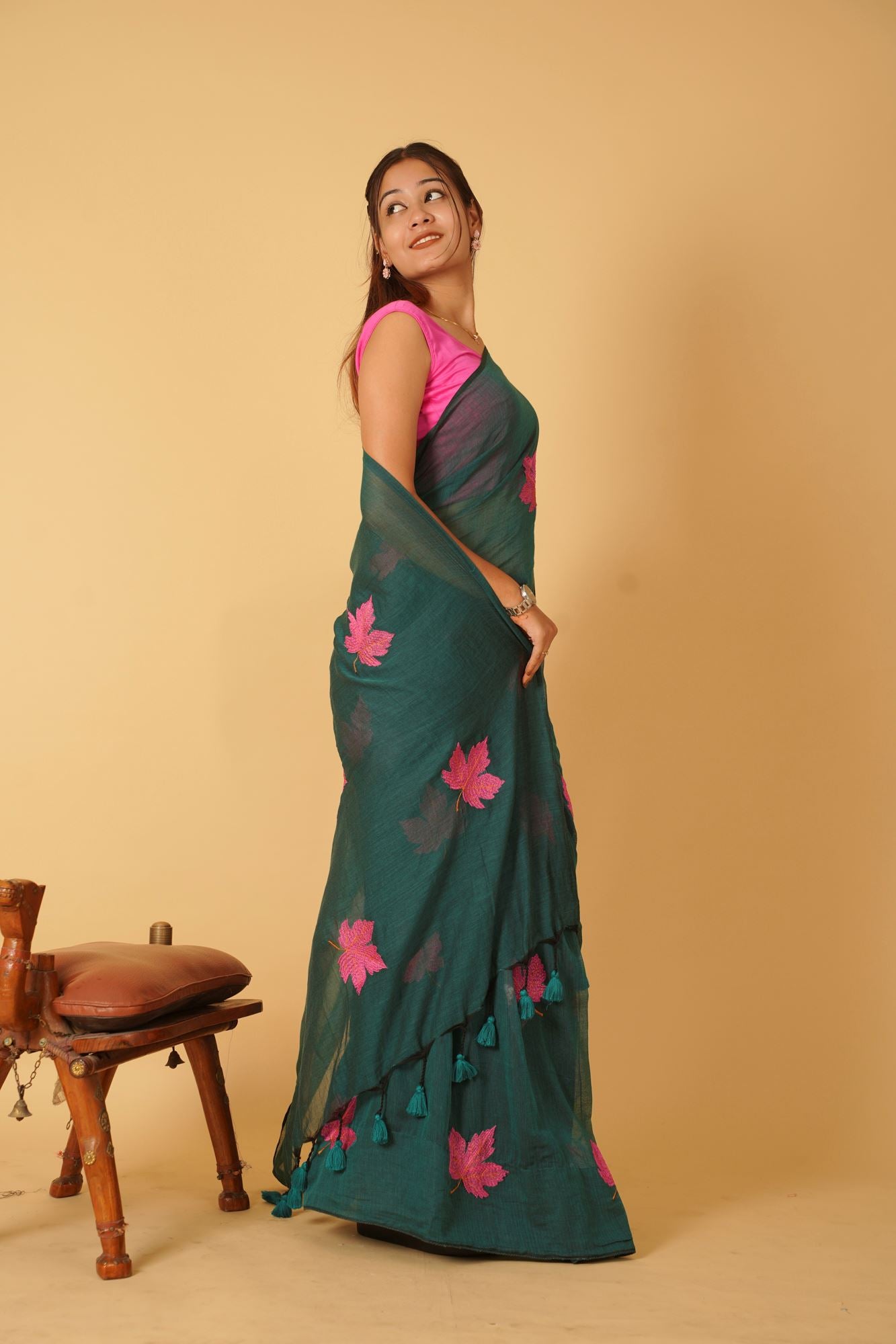 Leave Embroidered Teal Green Mul Cotton & tassel on pallu Ready To Wear Saree