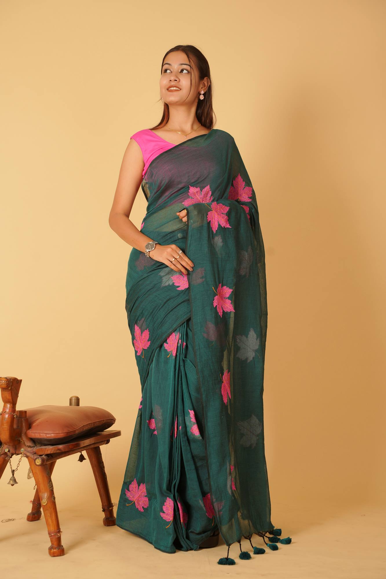Leave Embroidered Teal Green Mul Cotton & tassel on pallu Ready To Wear Saree