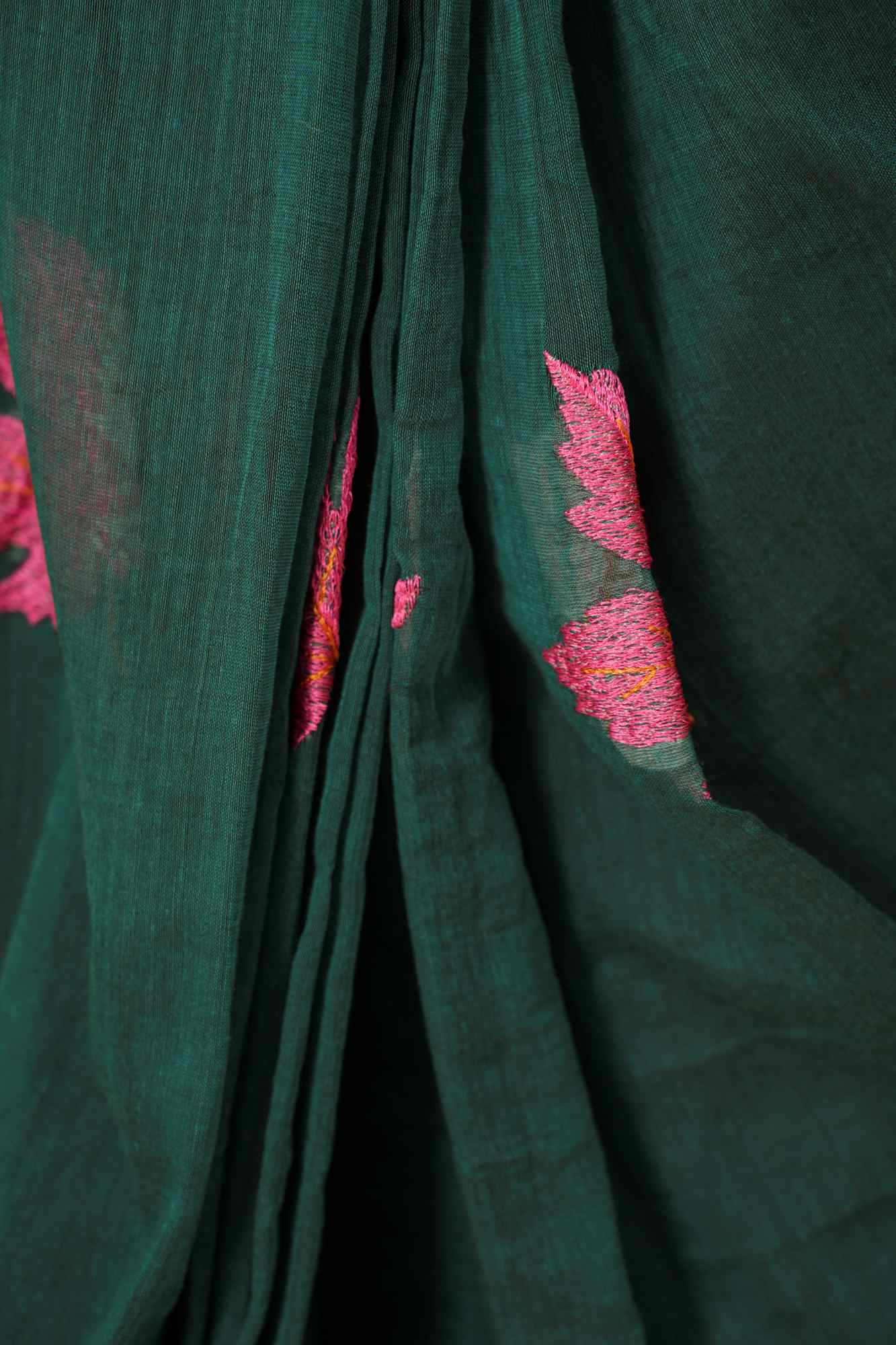 Leave Embroidered Teal Green Mul Cotton & tassel on pallu Ready To Wear Saree