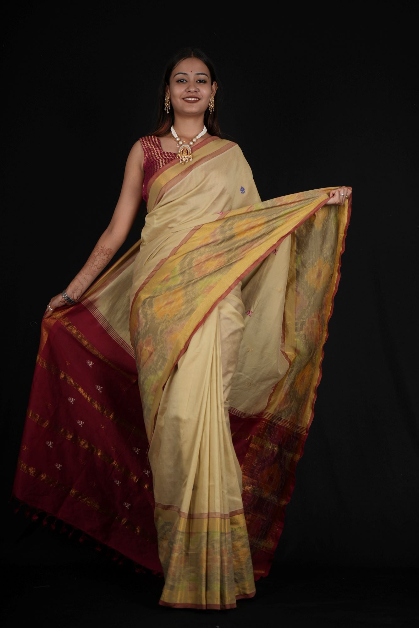 Uppada Silk With Pochampalli Ikkat woven Border & butta Overall Ready To Wear Saree