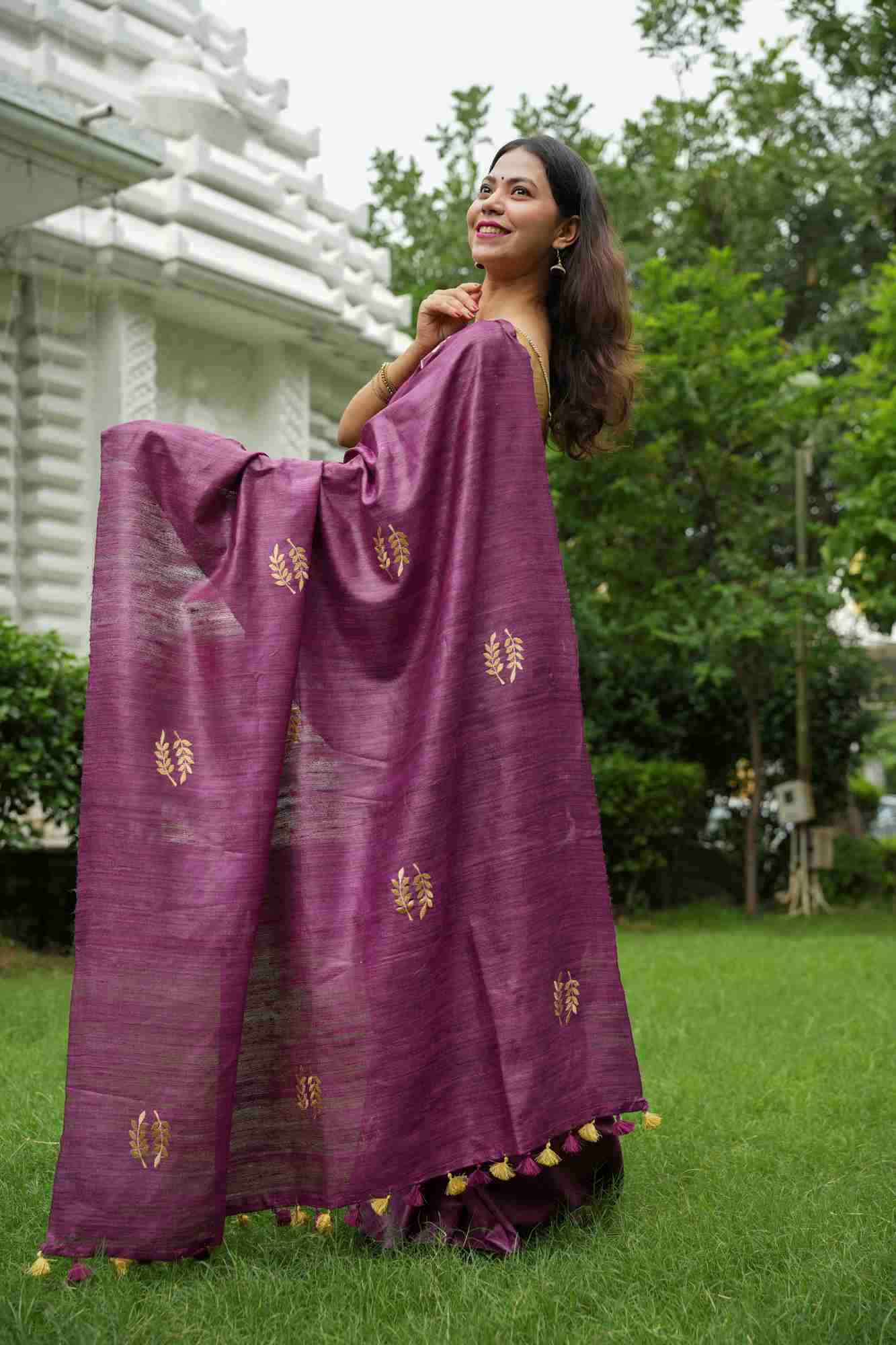 Pure Certified Tussar Silk with Hand Woven & Normal Dyed Embroidery Wrap in 1 Minute Saree
