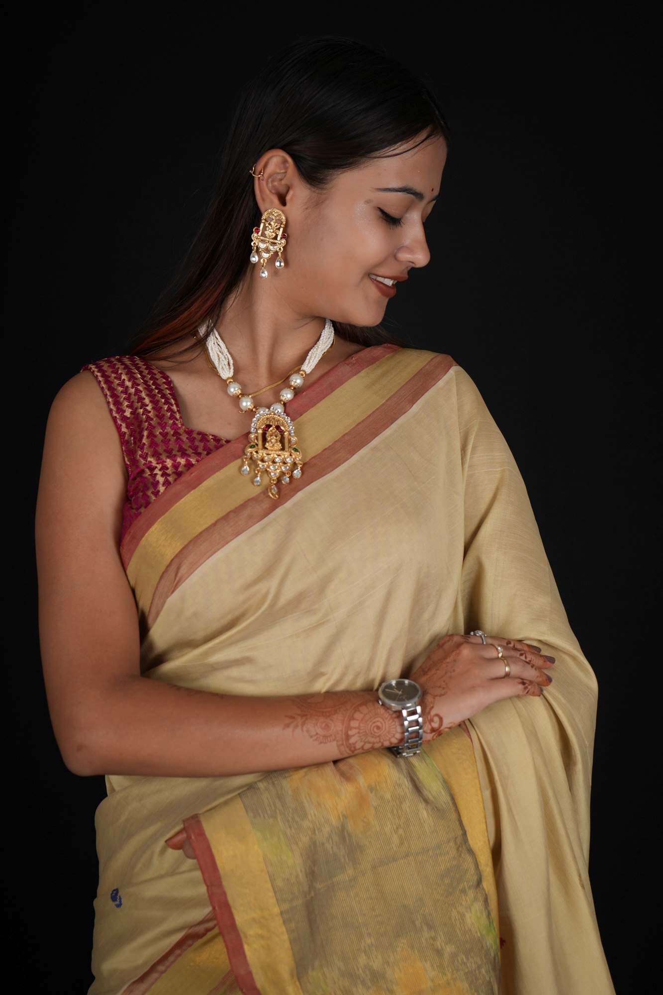 Uppada Silk With Pochampalli Ikkat woven Border & butta Overall Ready To Wear Saree