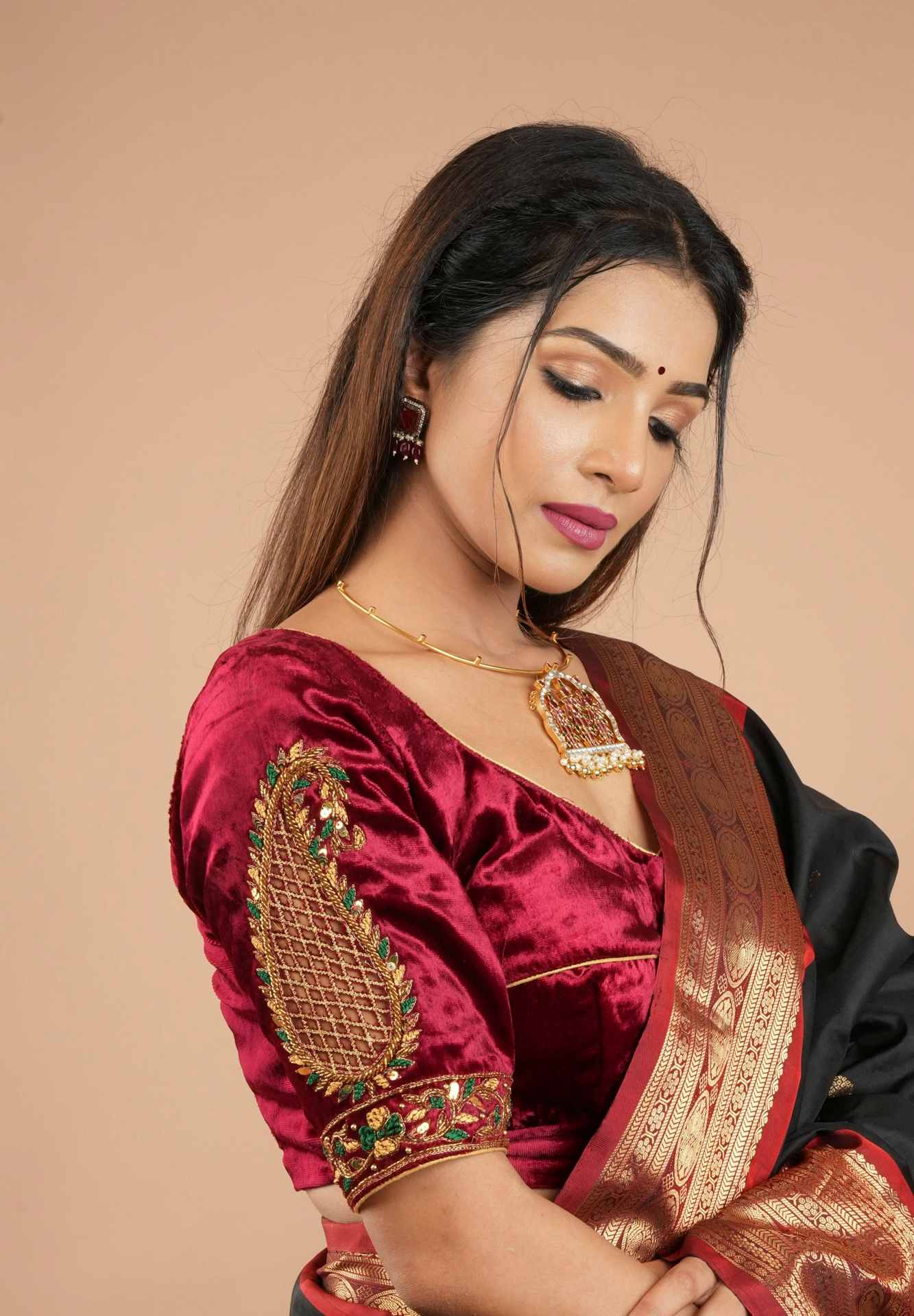 Exquisite Maroon Velvet Blouse with Handmade Cutwork and Zardosi and Meenakari, Customizable, Made to Order