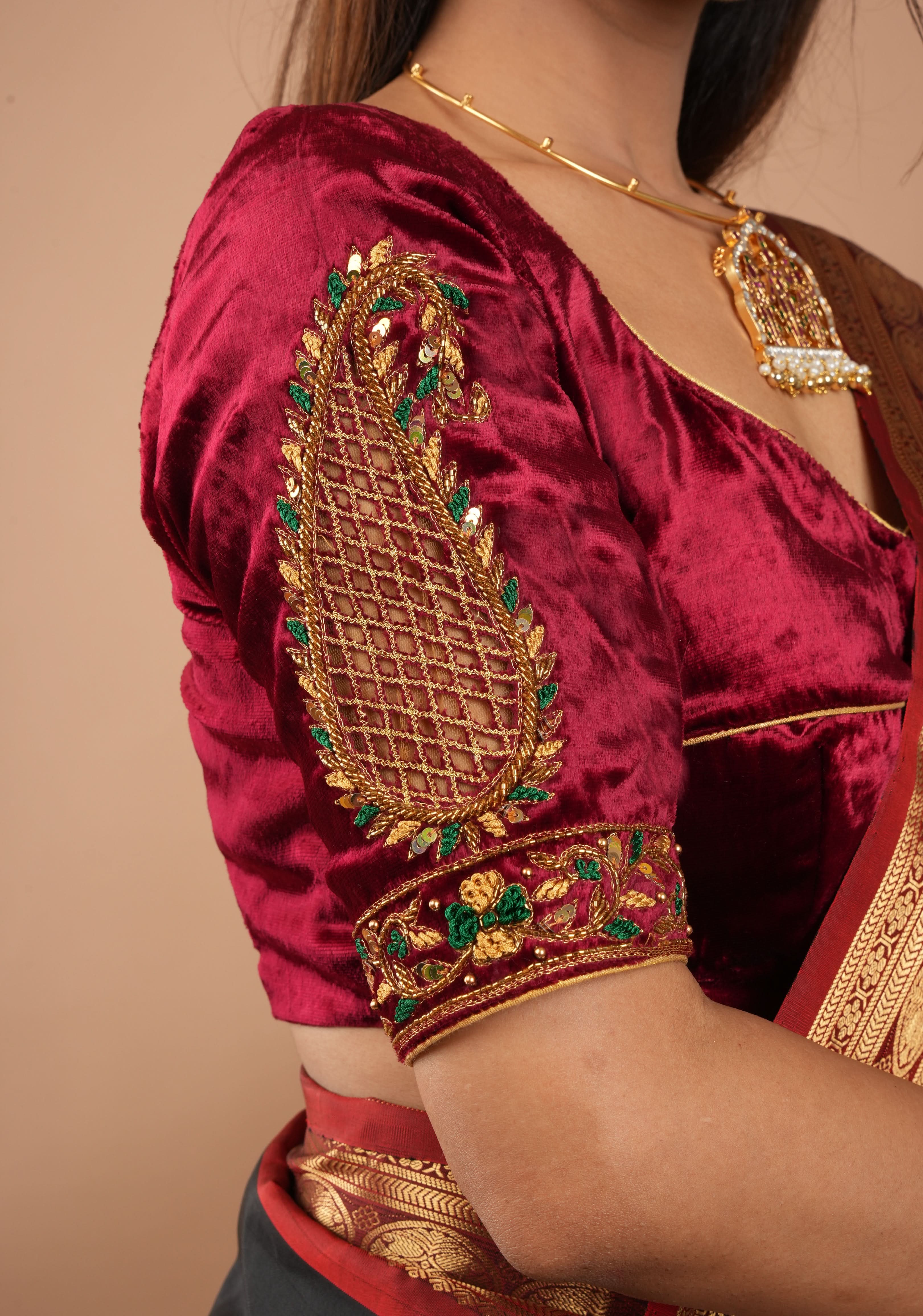 Exquisite Maroon Velvet Blouse with Handmade Cutwork and Zardosi and Meenakari, Customizable, Made to Order | Shobitam