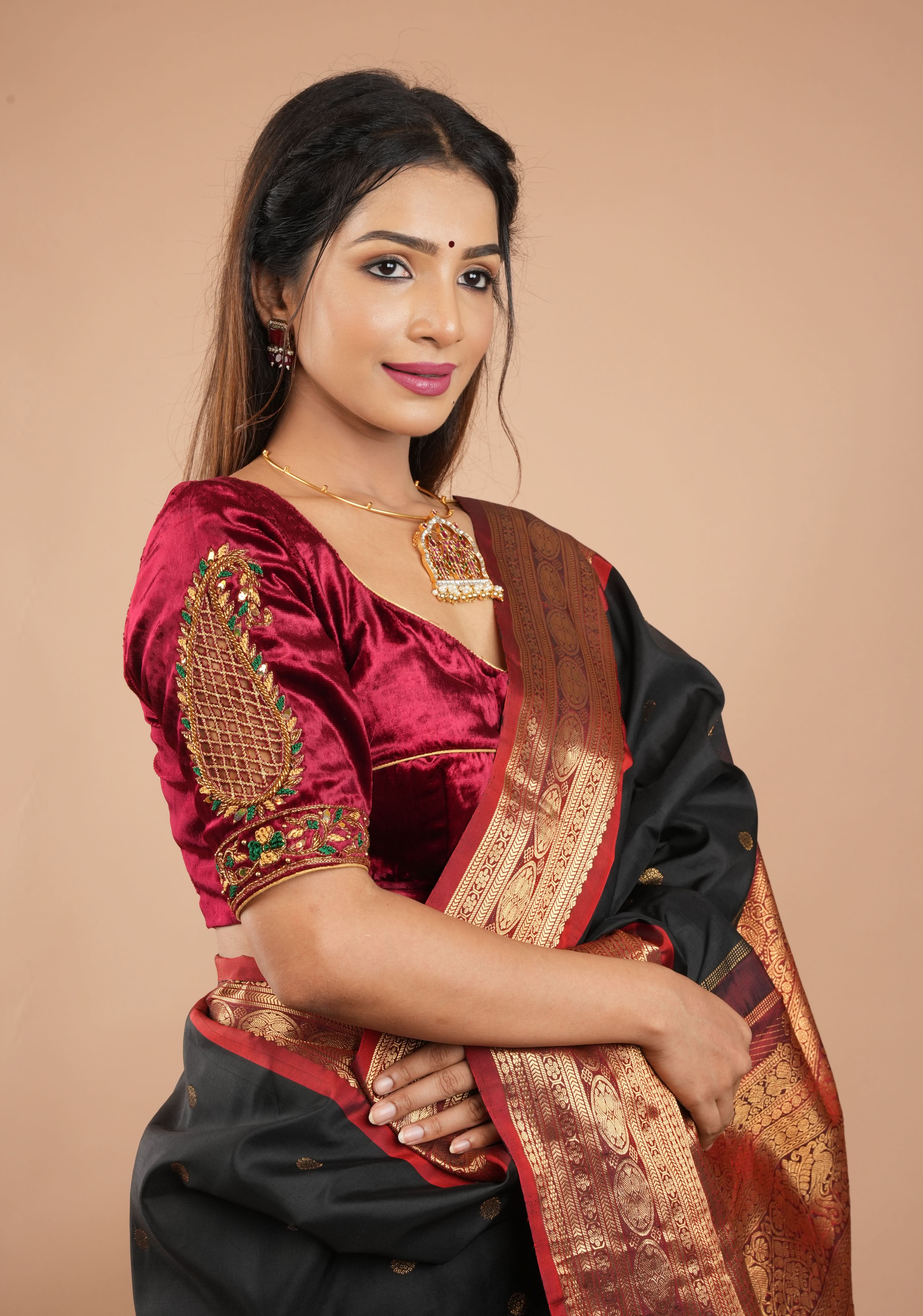 Exquisite Maroon Velvet Blouse with Handmade Cutwork and Zardosi and Meenakari, Customizable, Made to Order | Shobitam