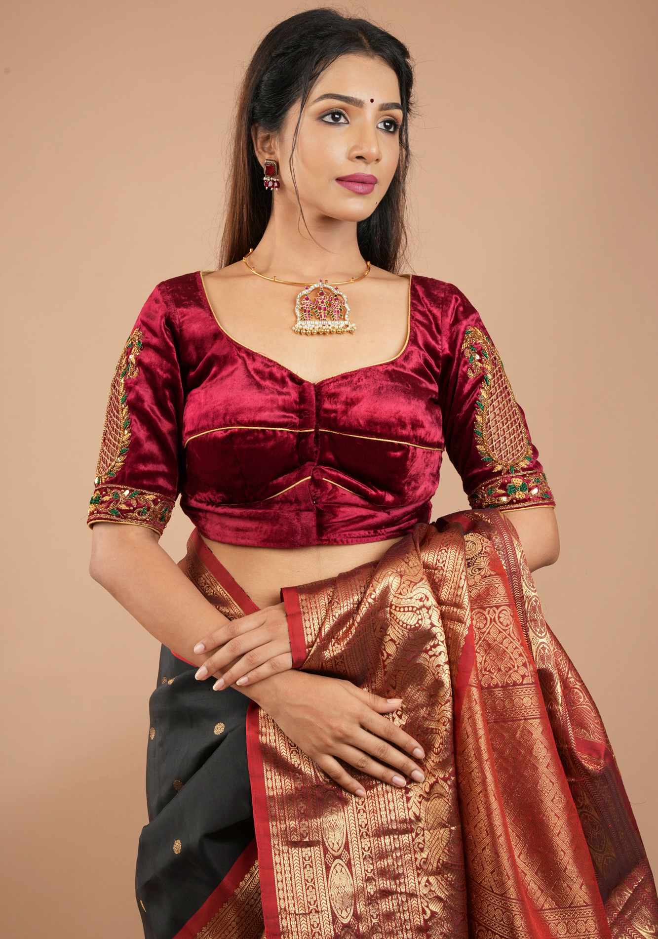 Exquisite Maroon Velvet Blouse with Handmade Cutwork and Zardosi and Meenakari, Customizable, Made to Order
