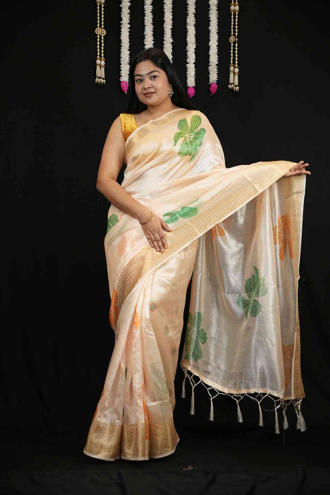 Elegant Floral Woven Tissue Silk Saree with Designer Border Ready To Wear Saree