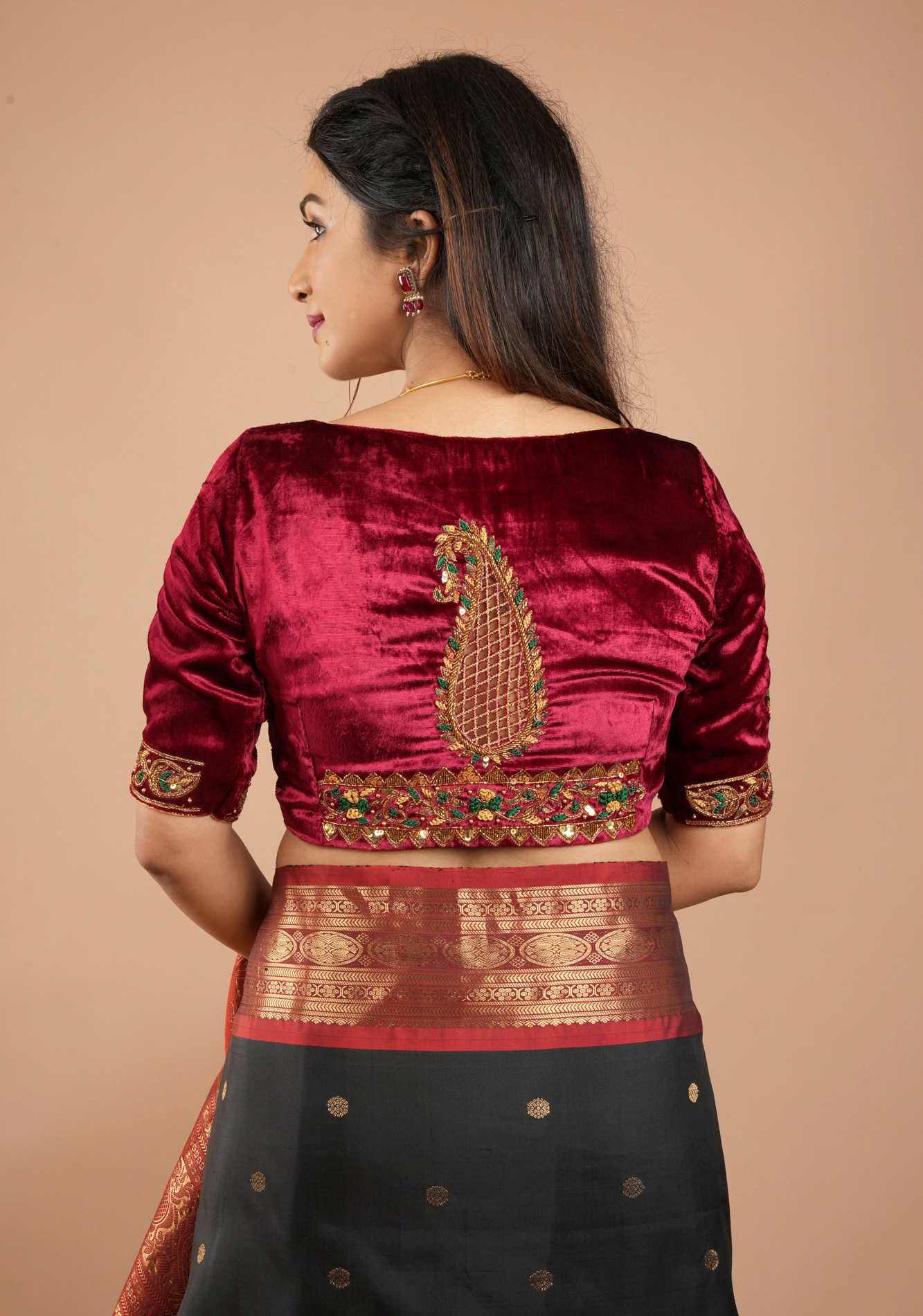 Exquisite Maroon Velvet Blouse with Handmade Cutwork and Zardosi and Meenakari, Customizable, Made to Order