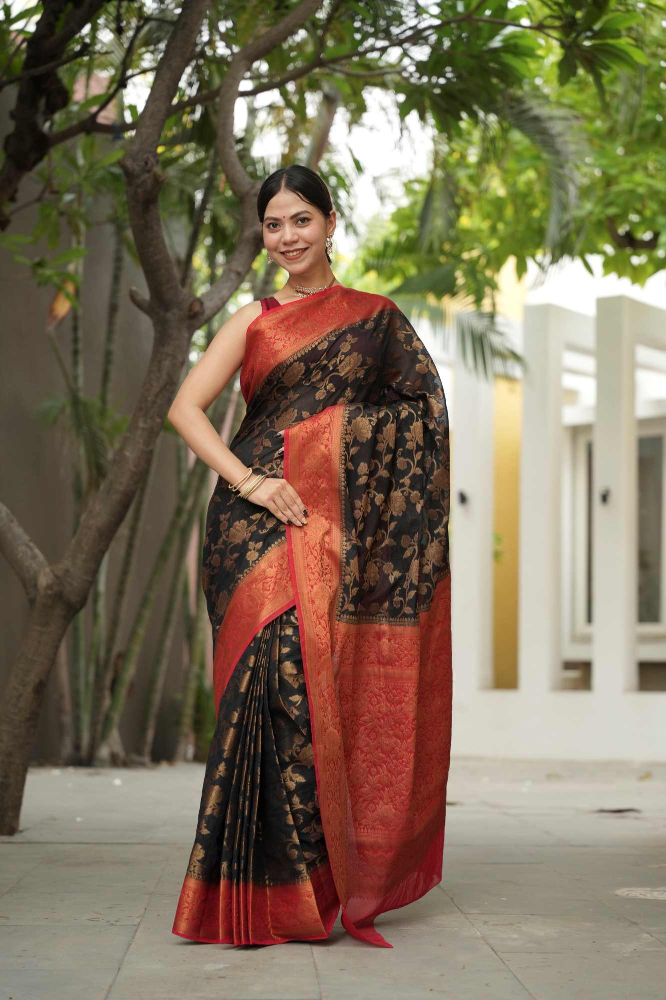 Jaal woven Banarasi Georgette Silk with Contrast Zari Border & Palla Wrap in 1 Minute Saree