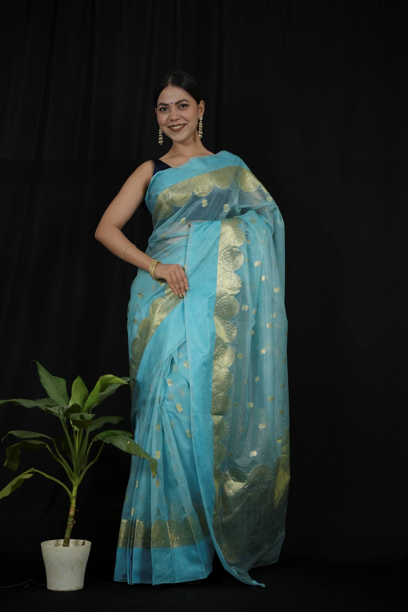 Organza Silk Banarasi Inspired with Golden Zari Weaving Ready To Wear Saree