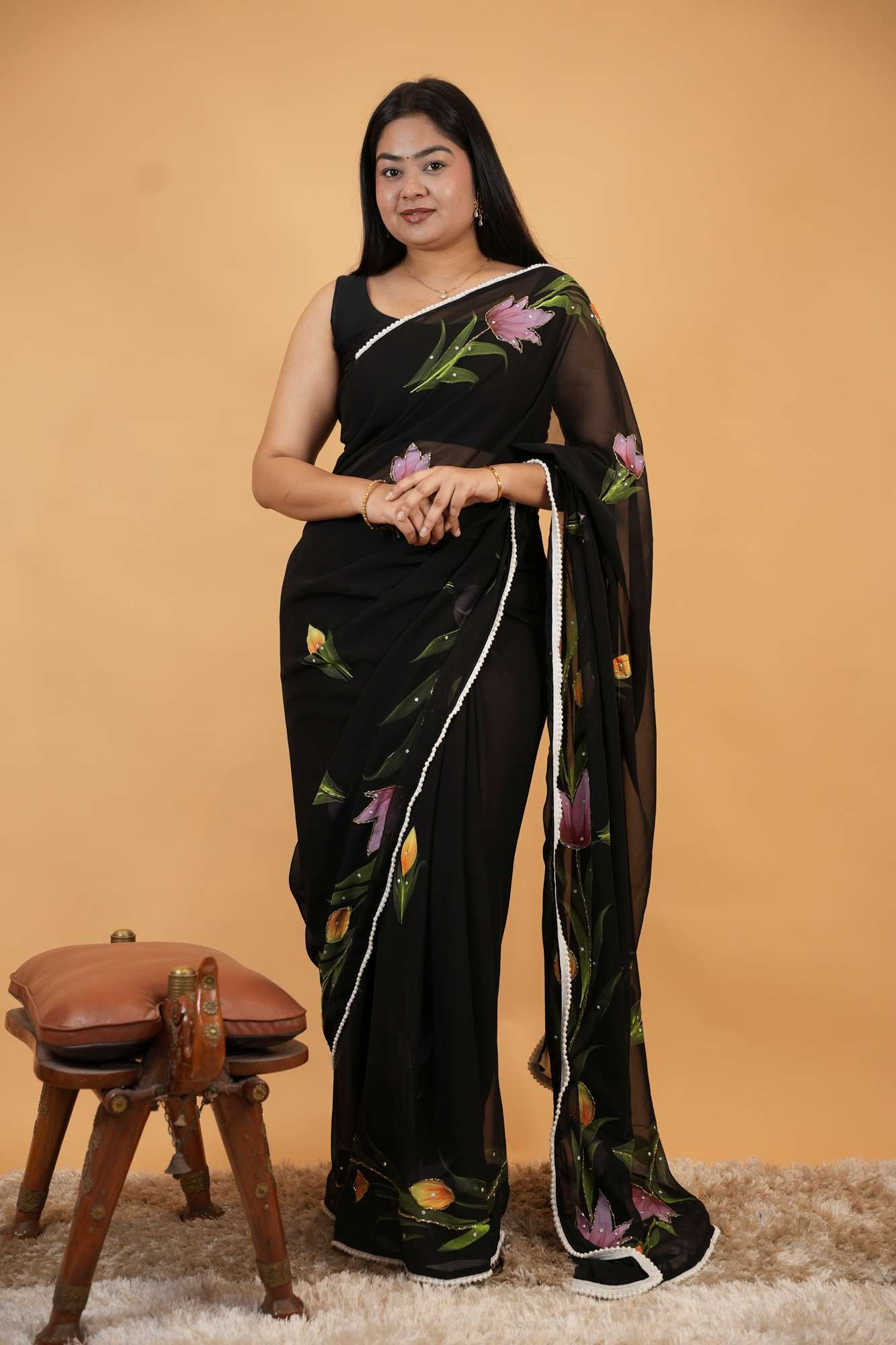 Elegant Floral Printed Sheer Saree with Lace Border Ready To Wear Saree