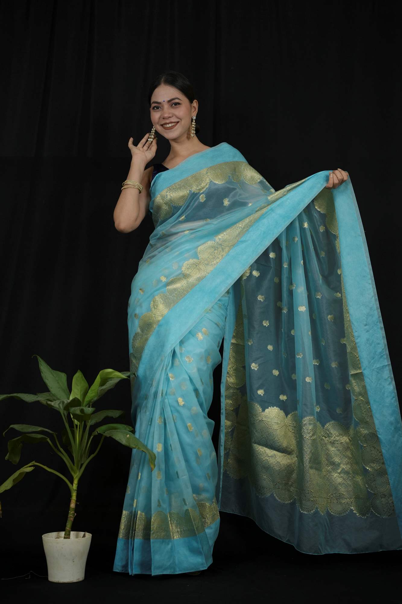 Organza Silk Banarasi Inspired with Golden Zari Weaving Ready To Wear Saree