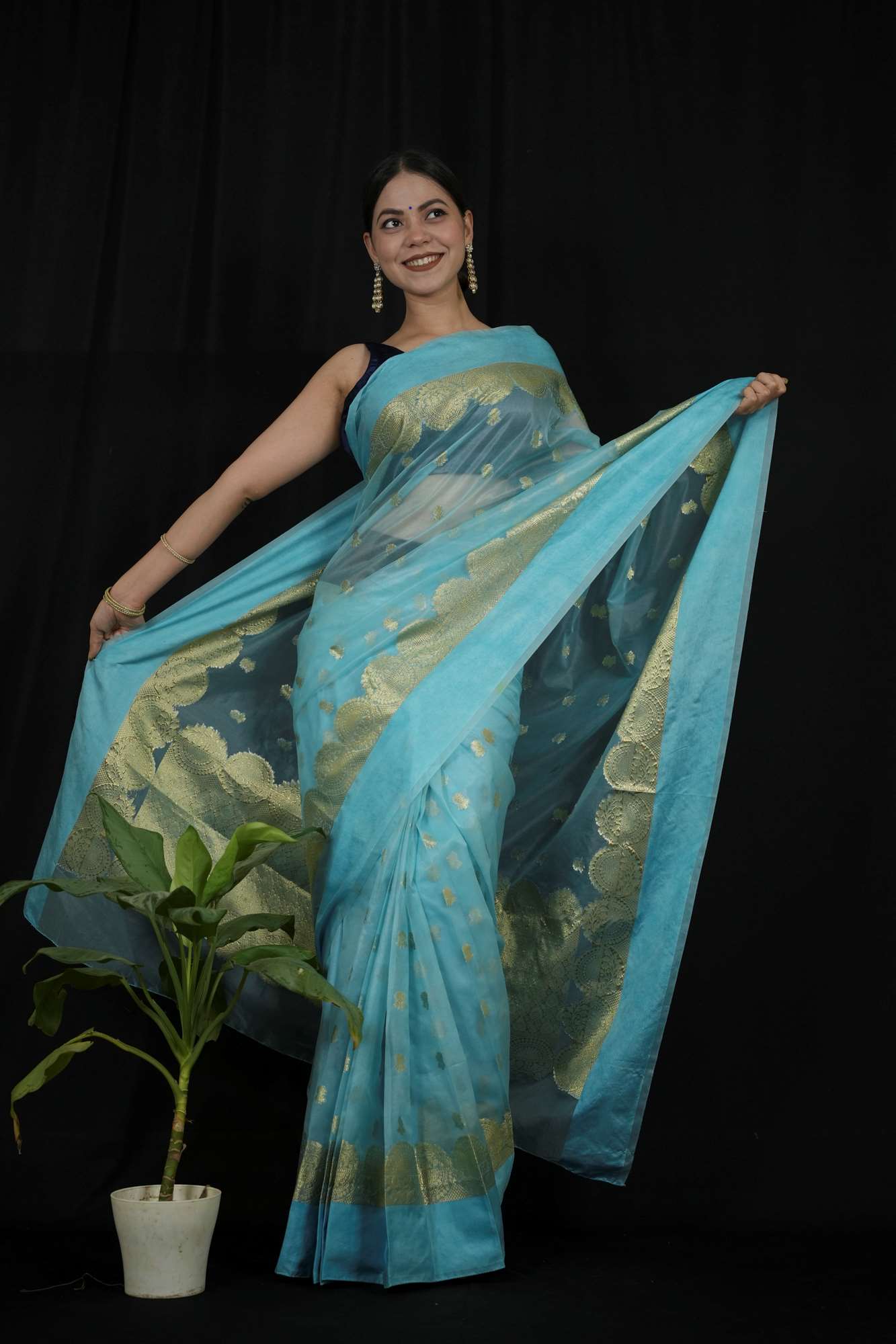 Organza Silk Banarasi Inspired with Golden Zari Weaving Ready To Wear Saree
