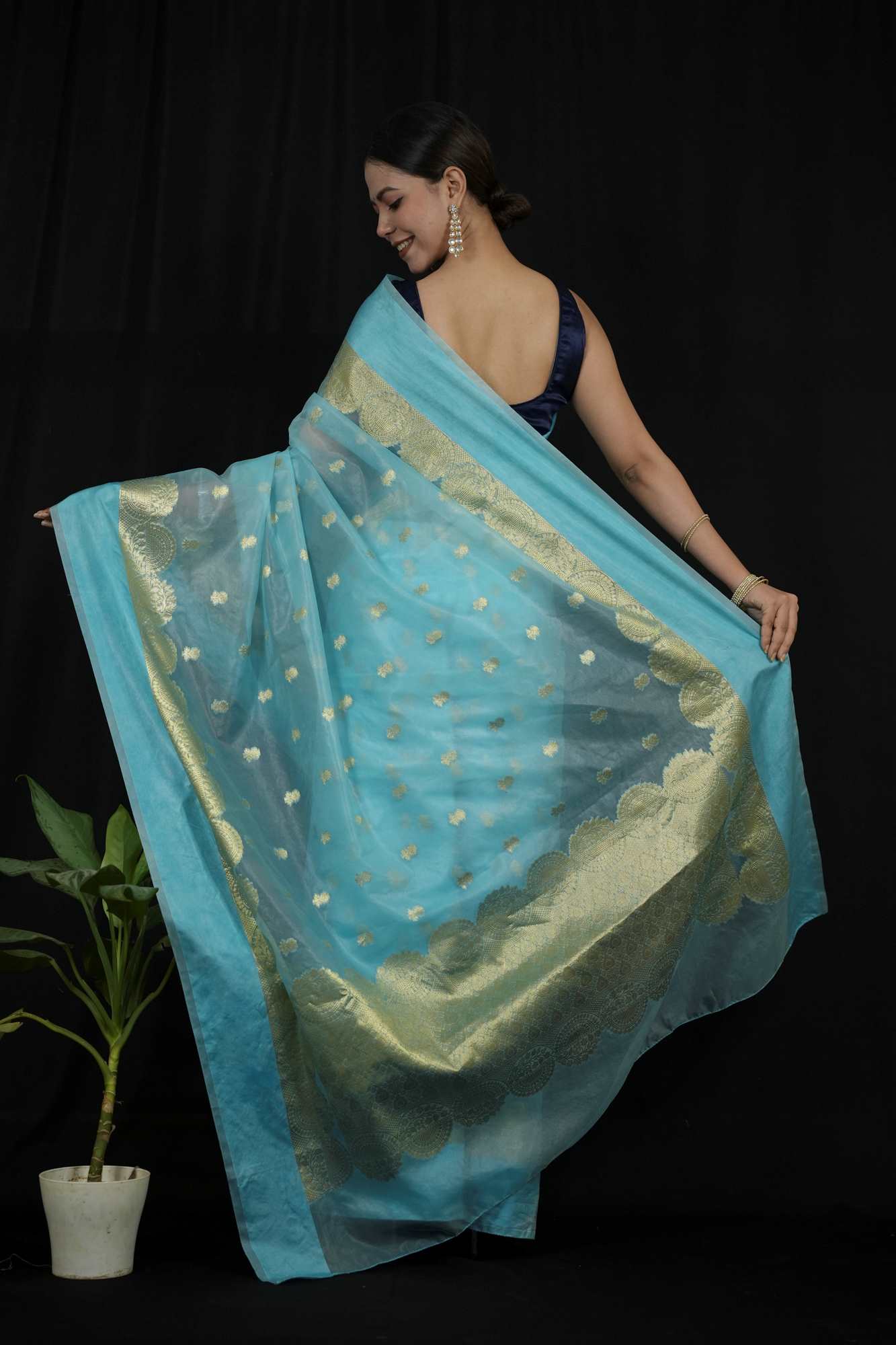 Organza Silk Banarasi Inspired with Golden Zari Weaving Ready To Wear Saree