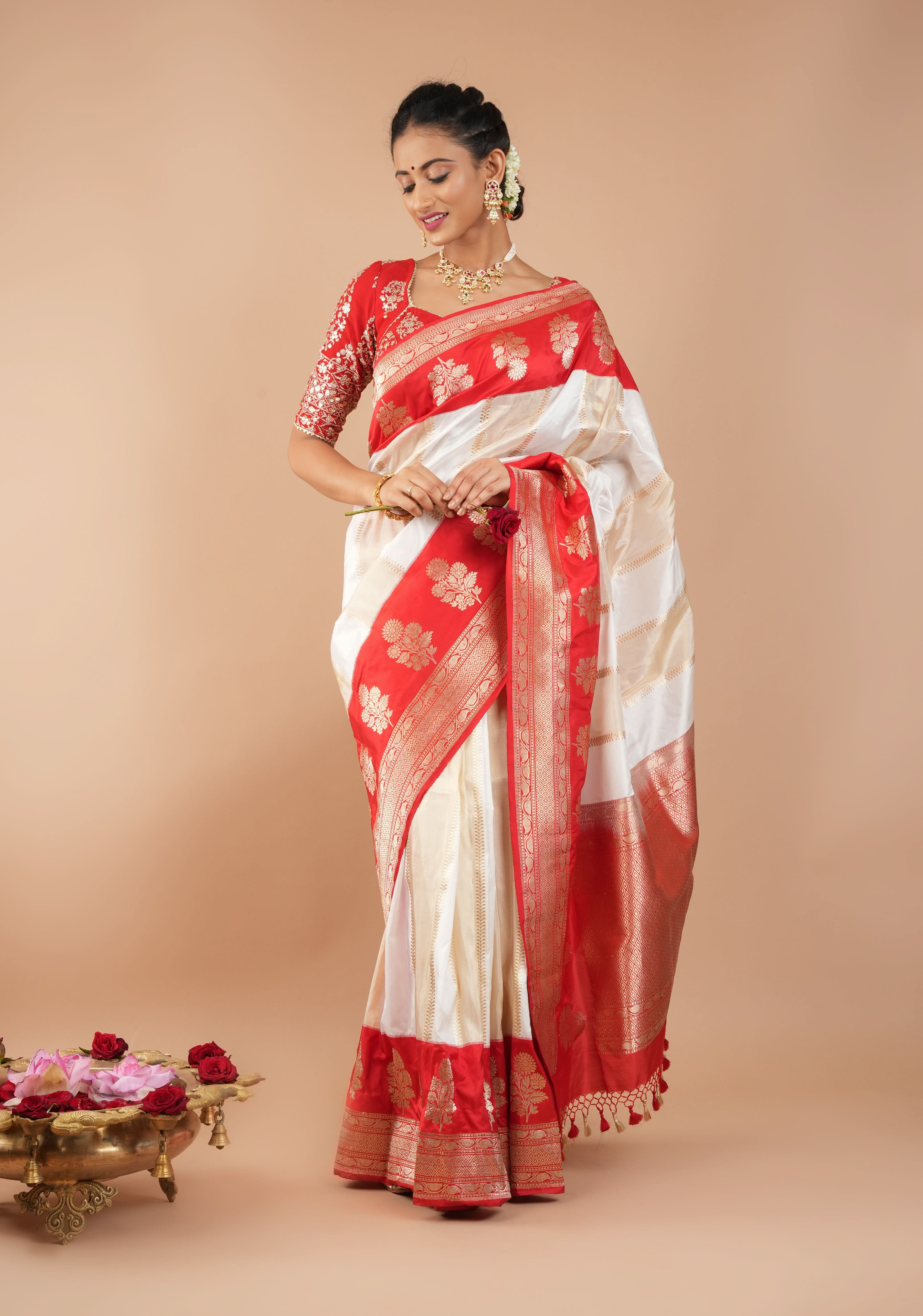 Unique Design White Dual tone Jharoka Pattern Pure Katan Silk saree with Contrast Zari borders | SILK MARK CERTIFIED | SHOBITAM
