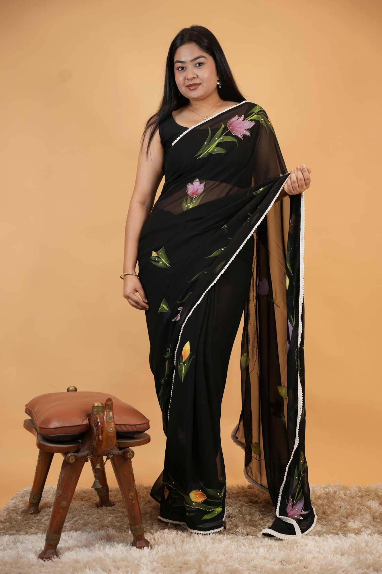 Elegant Floral Printed Sheer Saree with Lace Border Ready To Wear Saree