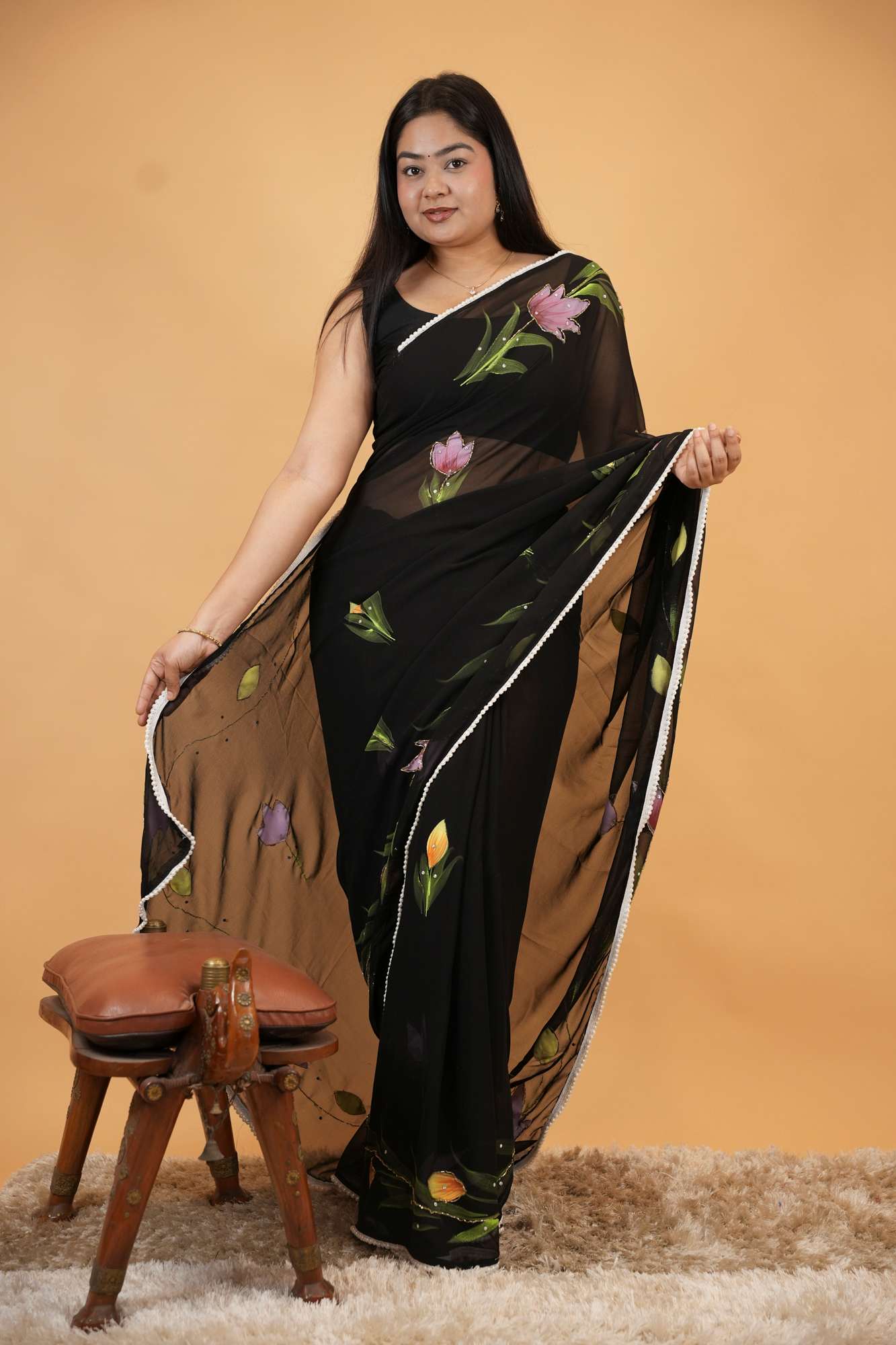 Elegant Floral Printed Sheer Saree with Lace Border Ready To Wear Saree