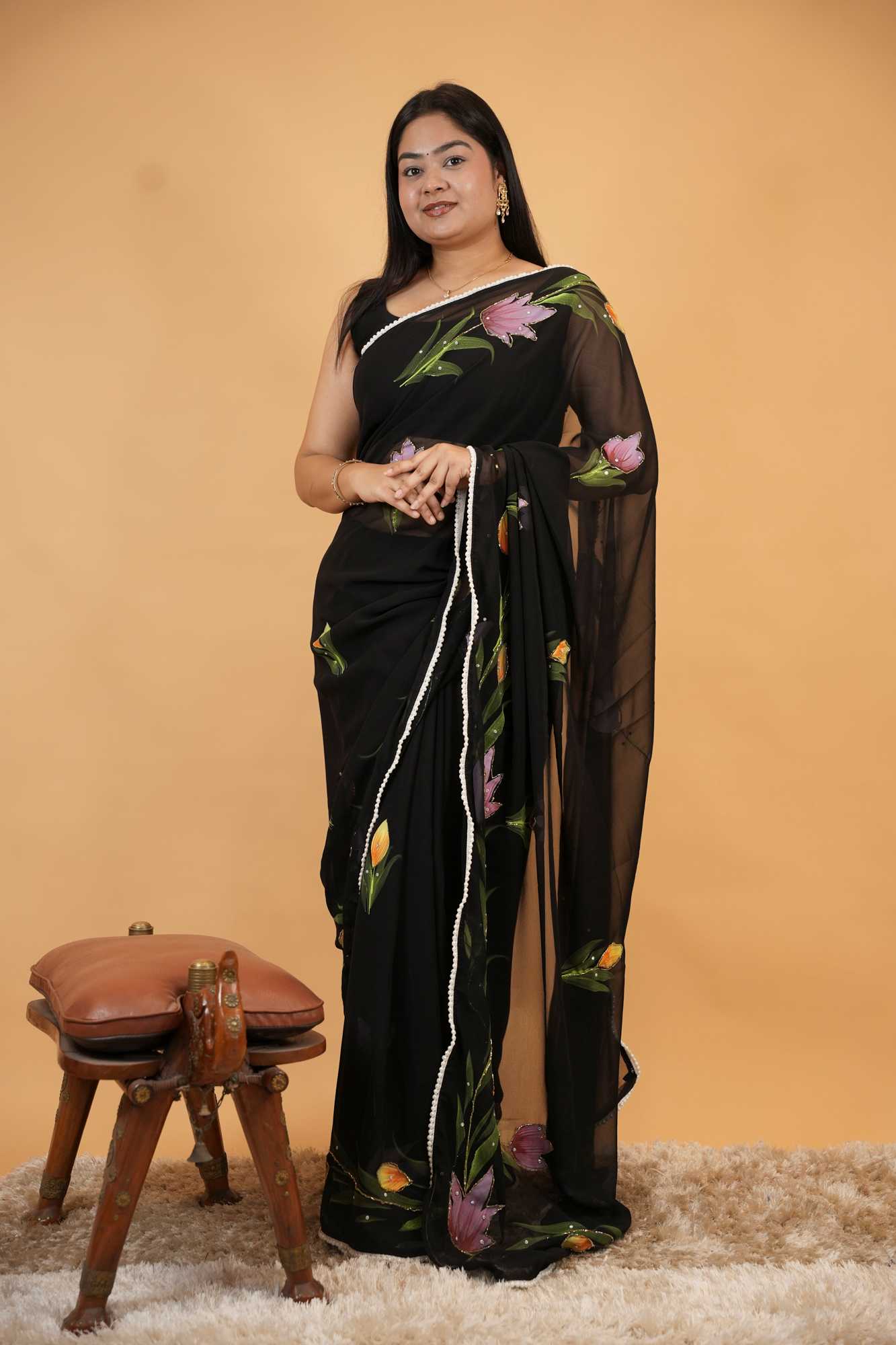 Elegant Floral Printed Sheer Saree with Lace Border Ready To Wear Saree