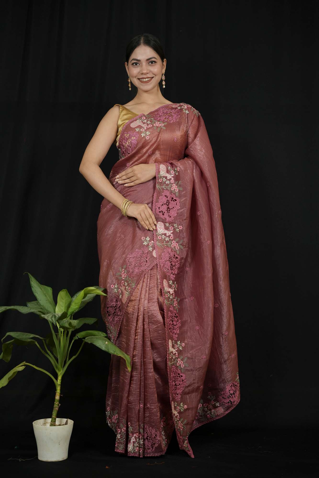 Crushed Silk with Cutwork and Floral Embroidery Ready To Wear Saree