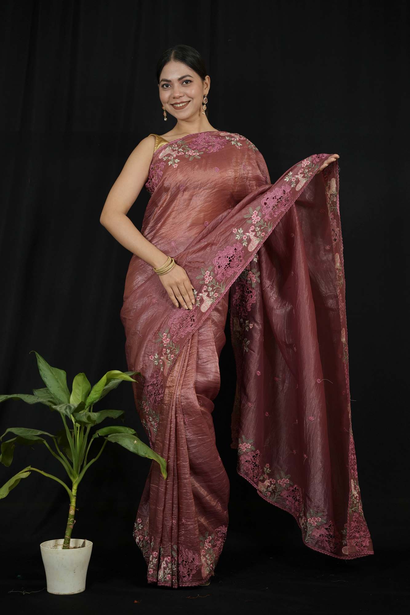 Crushed Silk with Cutwork and Floral Embroidery Ready To Wear Saree