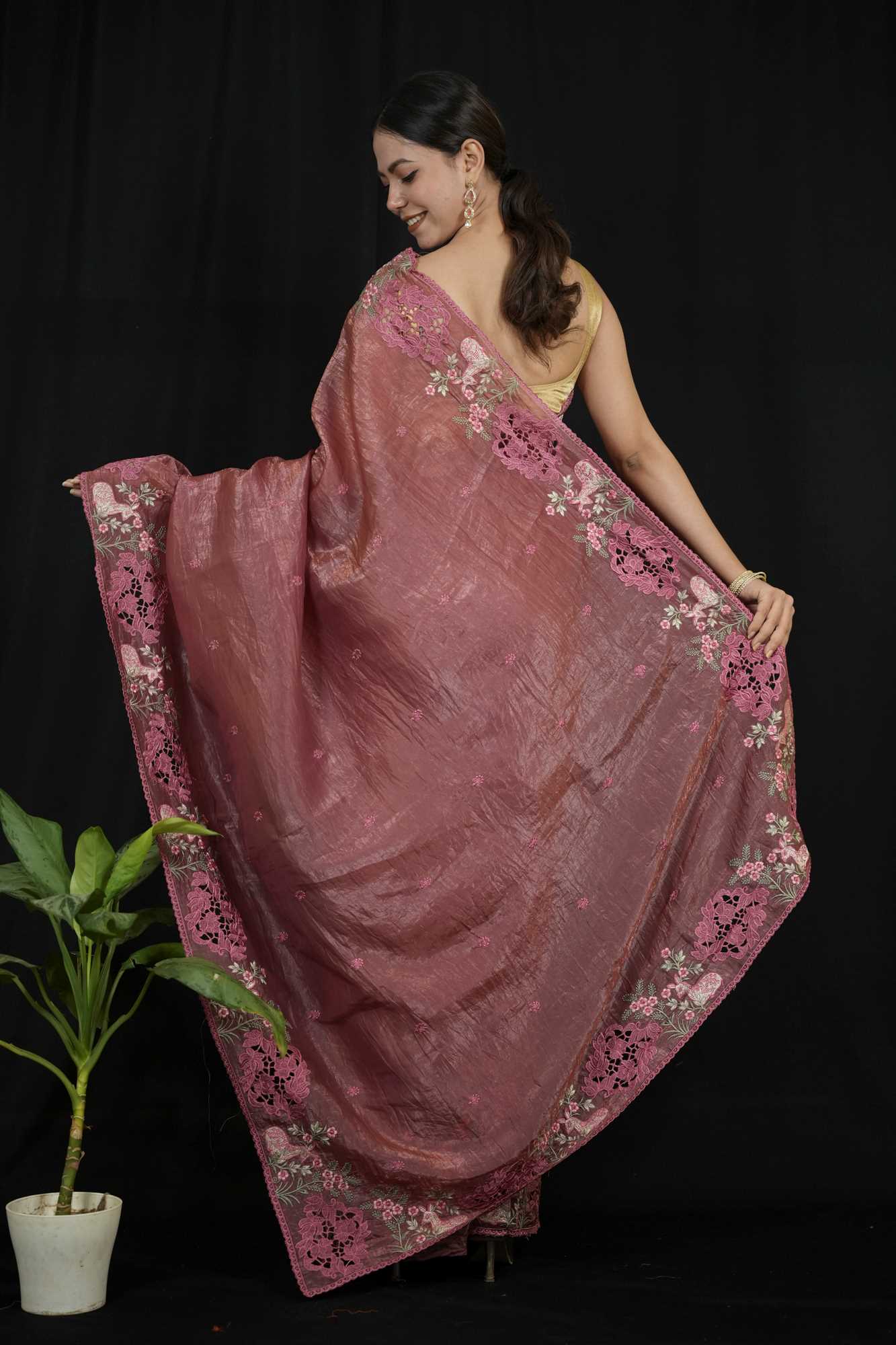 Crushed Silk with Cutwork and Floral Embroidery Ready To Wear Saree