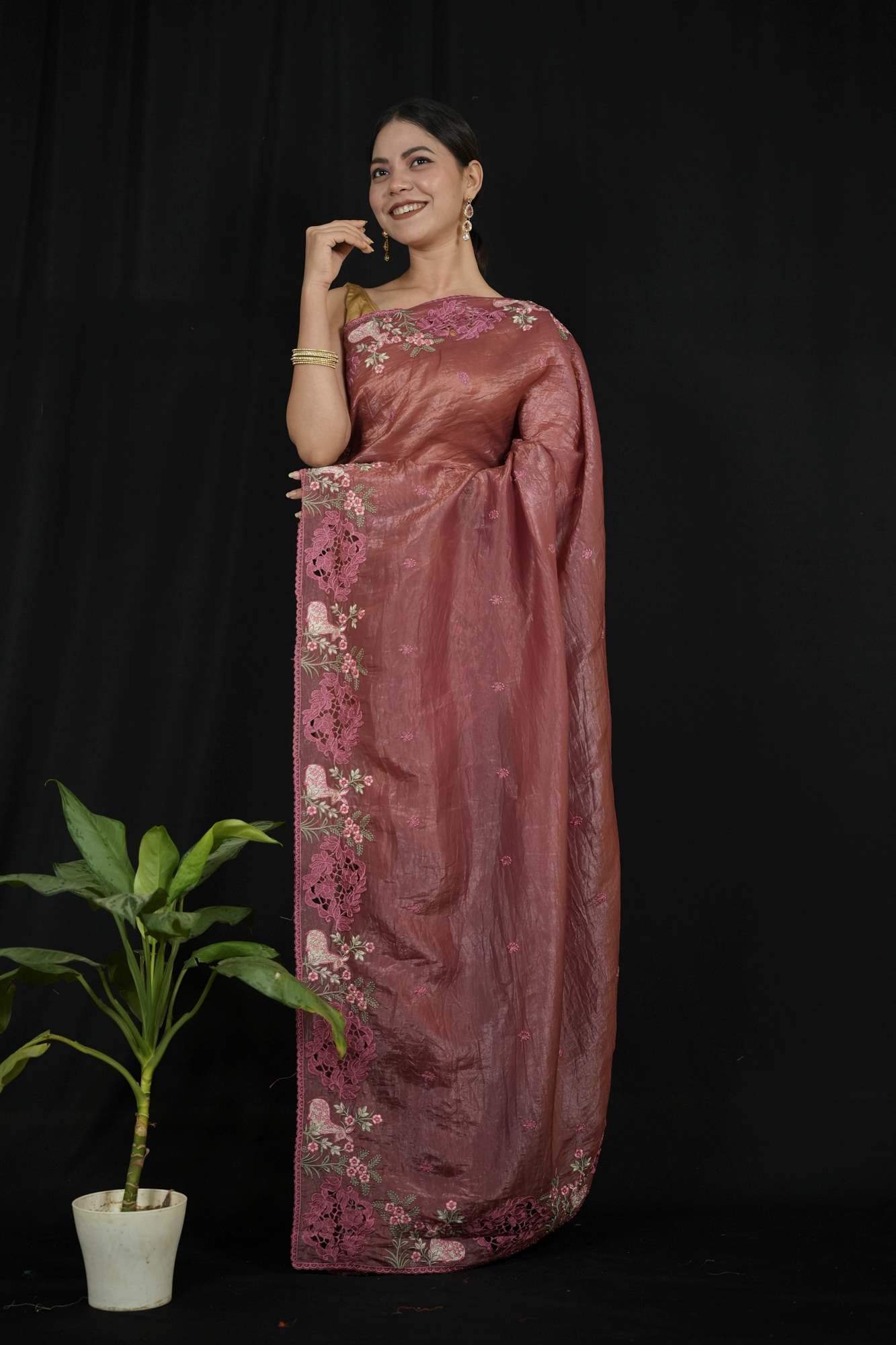 Crushed Silk with Cutwork and Floral Embroidery Ready To Wear Saree