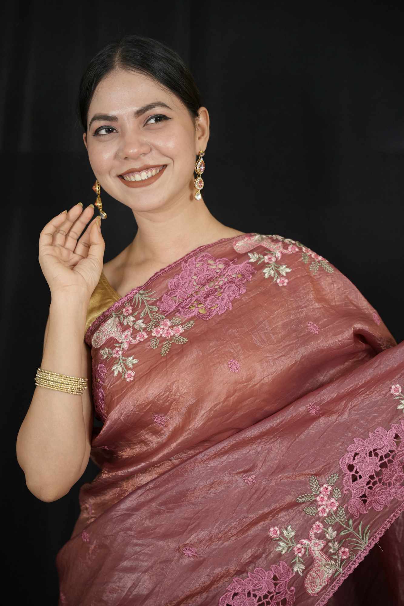 Crushed Silk with Cutwork and Floral Embroidery Ready To Wear Saree