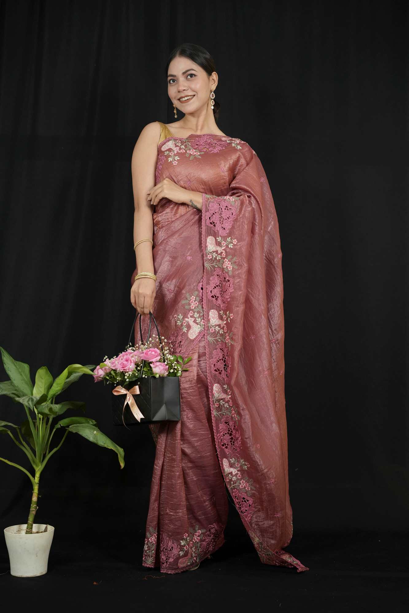 Crushed Silk with Cutwork and Floral Embroidery Ready To Wear Saree