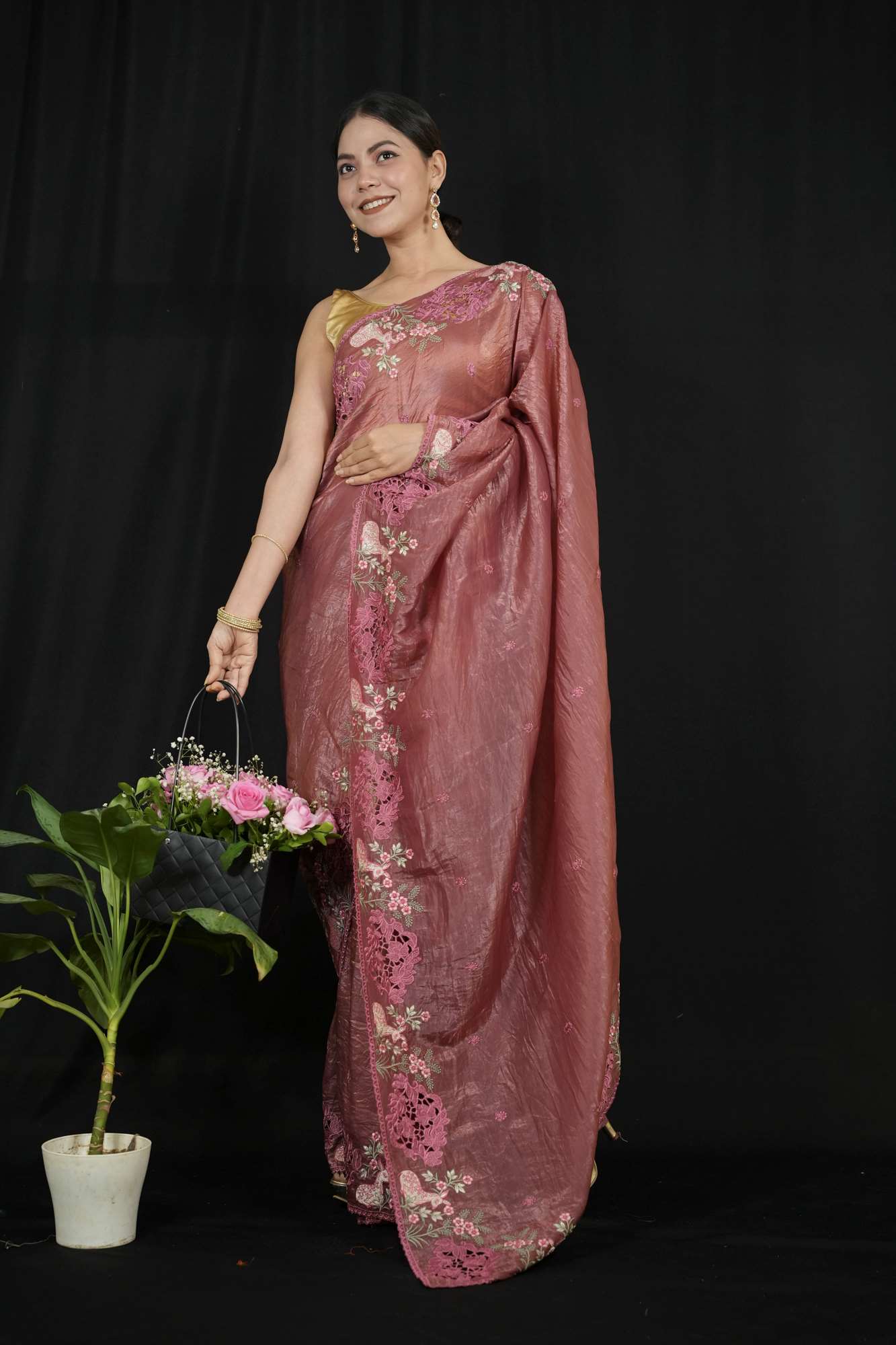 Crushed Silk with Cutwork and Floral Embroidery Ready To Wear Saree