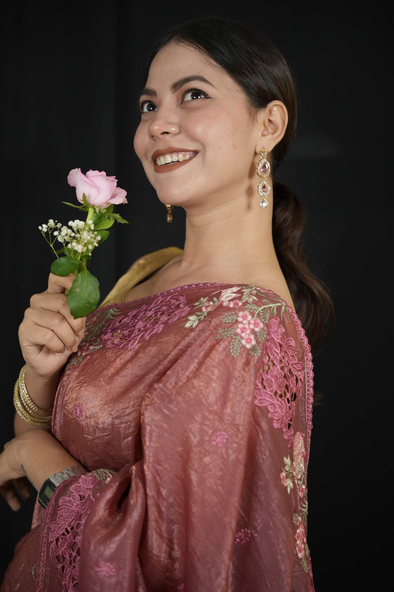 Crushed Silk with Cutwork and Floral Embroidery Ready To Wear Saree