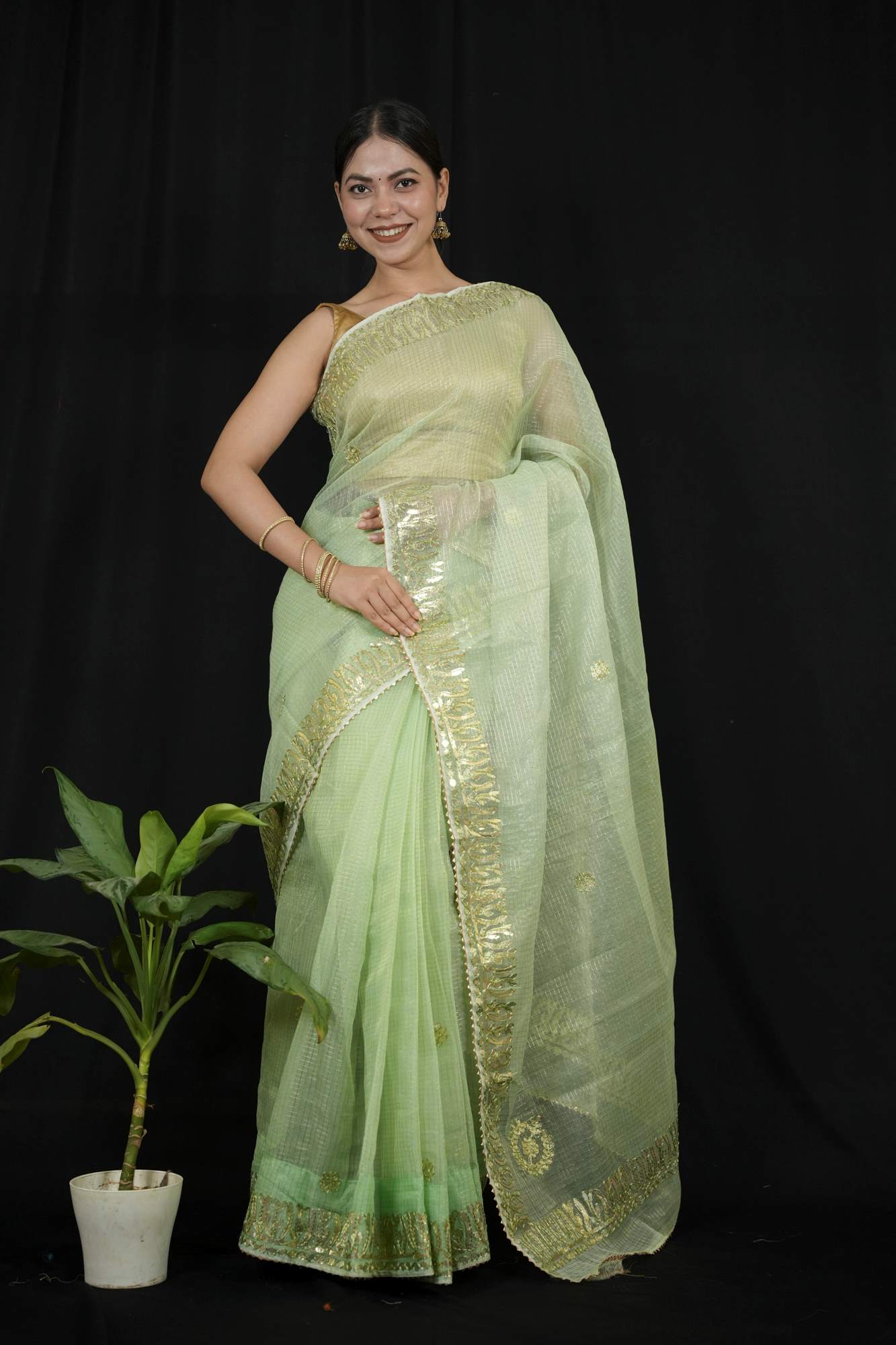 Gorgeous Green Kota Doriya Cotton with Thread Embroidery & beautiful Rajasthani Gota Patti Wrap in 1 minute Saree