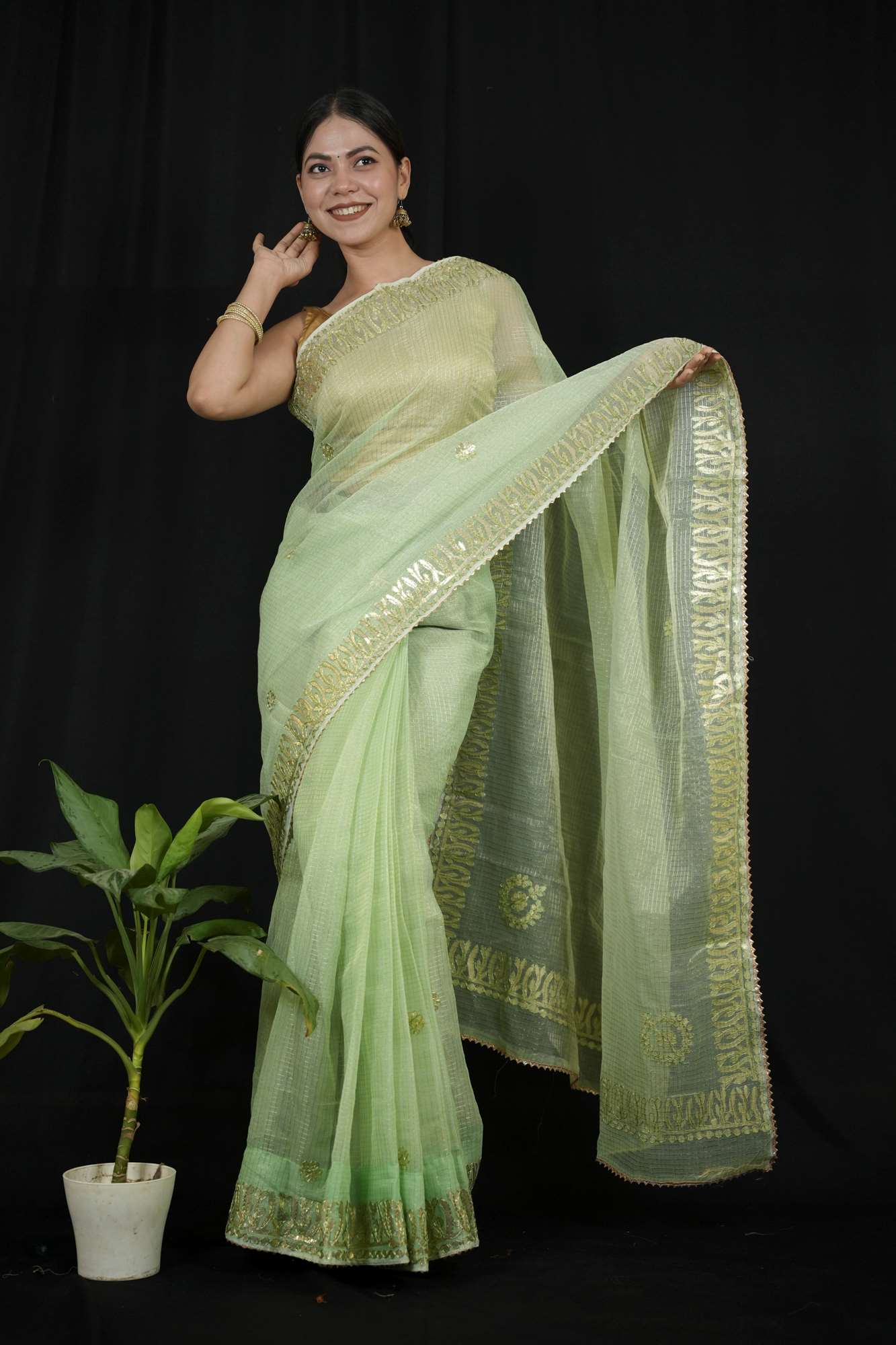Gorgeous Green Kota Doriya Cotton with Thread Embroidery & beautiful Rajasthani Gota Patti Wrap in 1 minute Saree