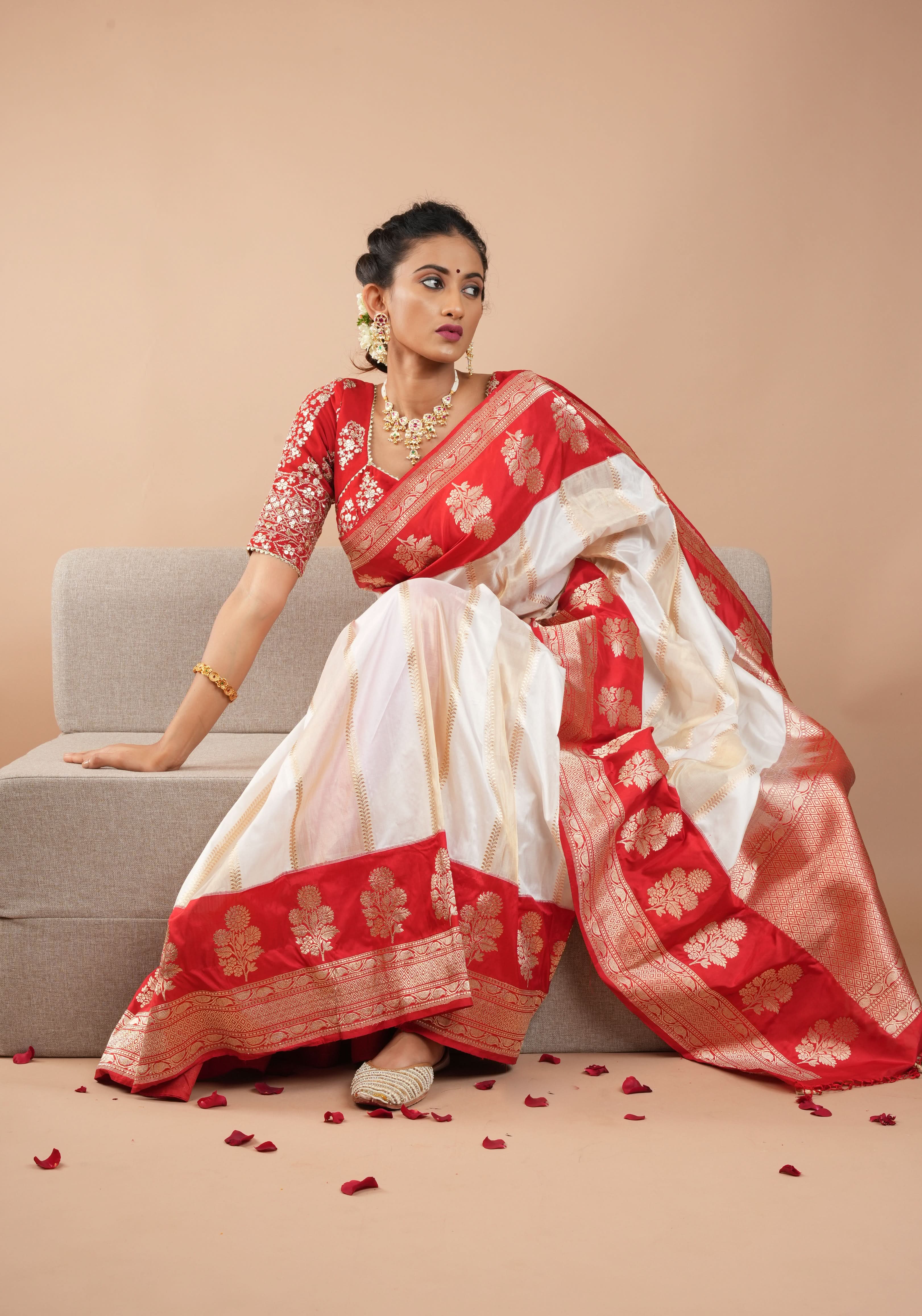 Unique Design White Dual tone Jharoka Pattern Pure Katan Silk saree with Contrast Zari borders | SILK MARK CERTIFIED | SHOBITAM