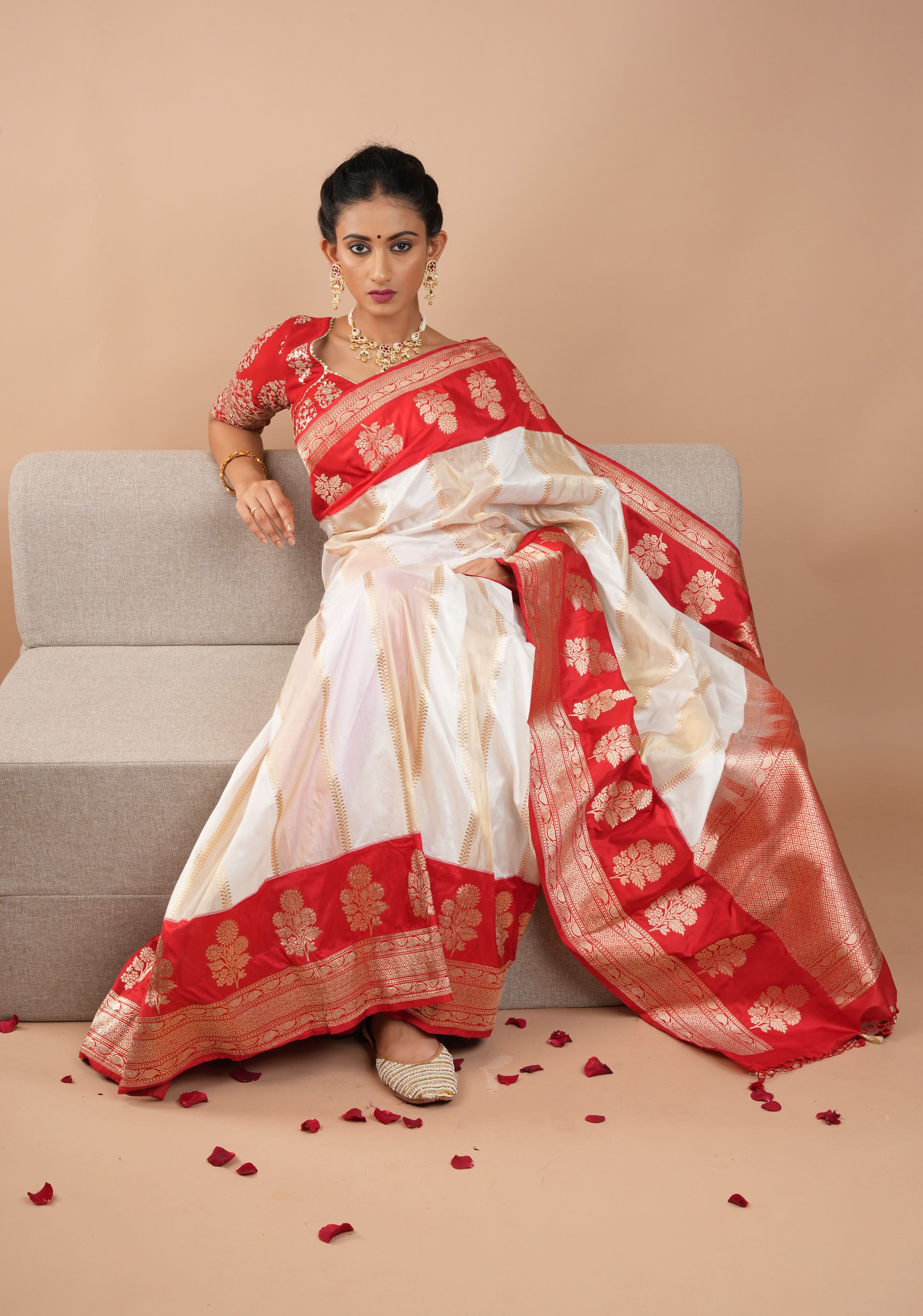 Unique Design White Dual tone Jharoka Pattern Pure Katan Silk saree with Contrast Zari borders | SILK MARK CERTIFIED | SHOBITAM