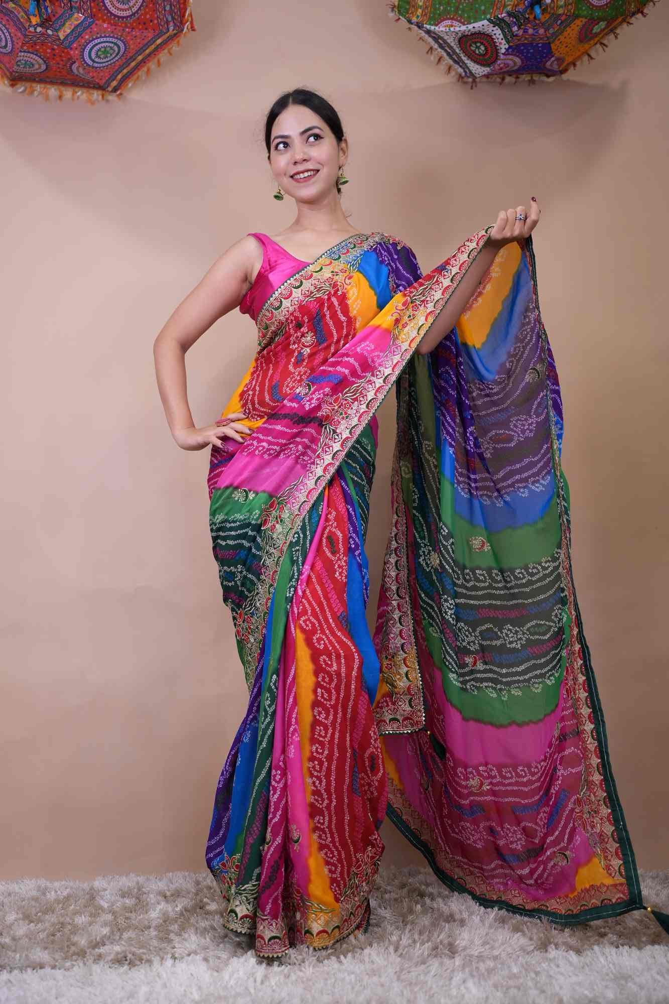 Indian women Georgette 2024 bandhej sarees party wear design wedding Designer half half bandhej sarees with gottapati border combination.