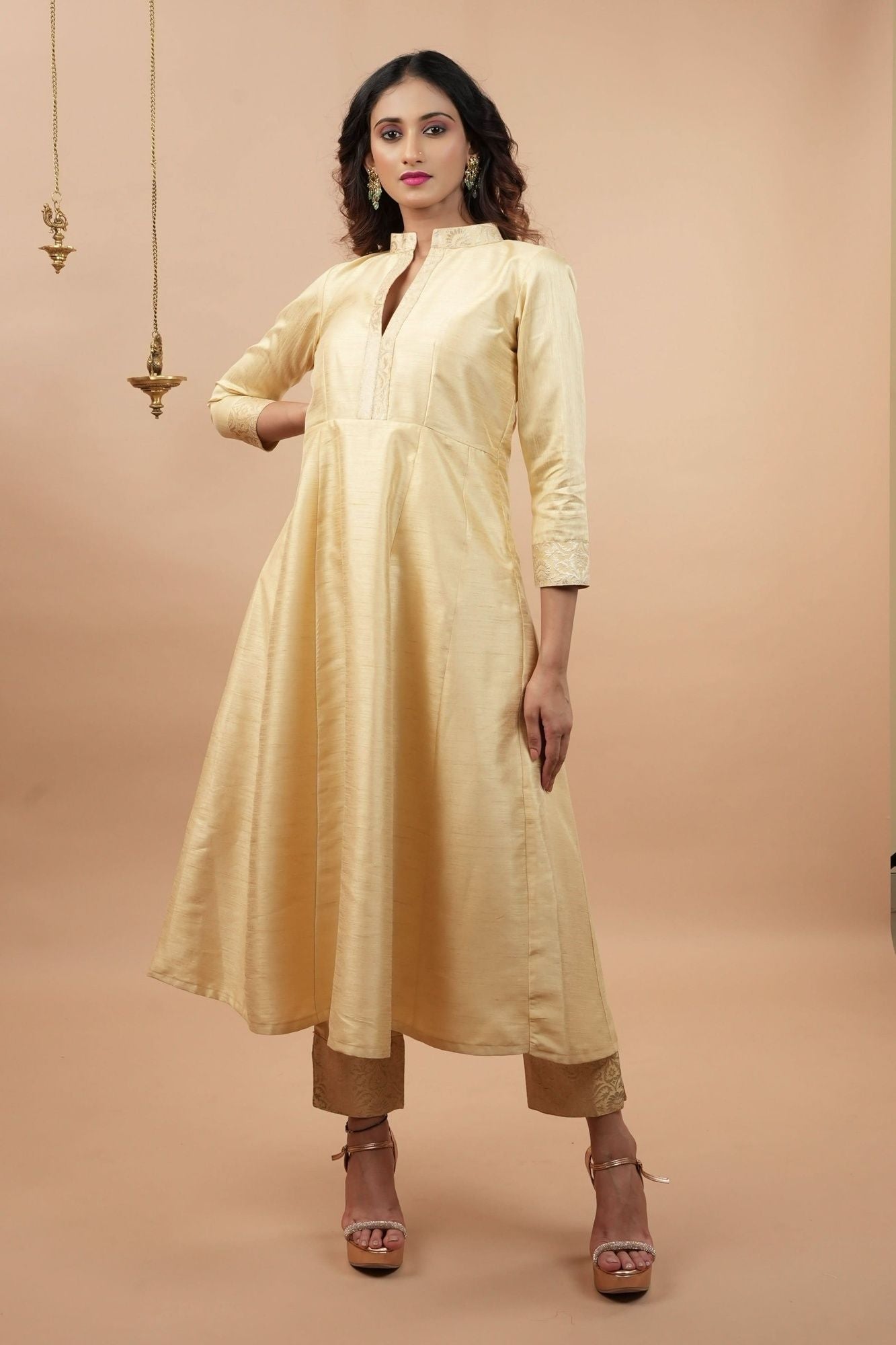 Ivory Light Flare Anarkali and Ankle Pants 2 pieve set with Banarasi Brocade Trim | Made to Order