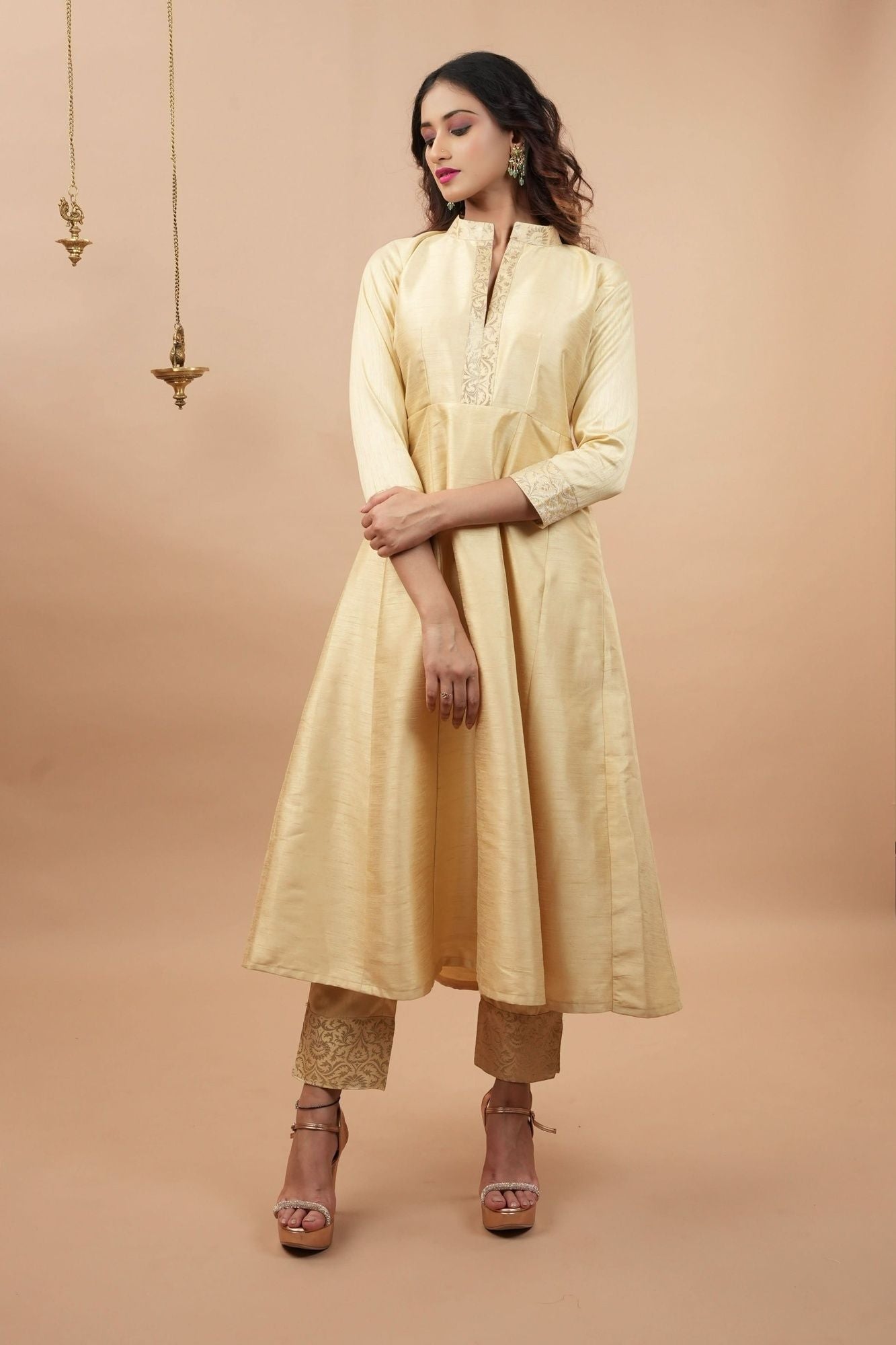 Ivory Light Flare Anarkali and Ankle Pants 2 pieve set with Banarasi Brocade Trim | Made to Order