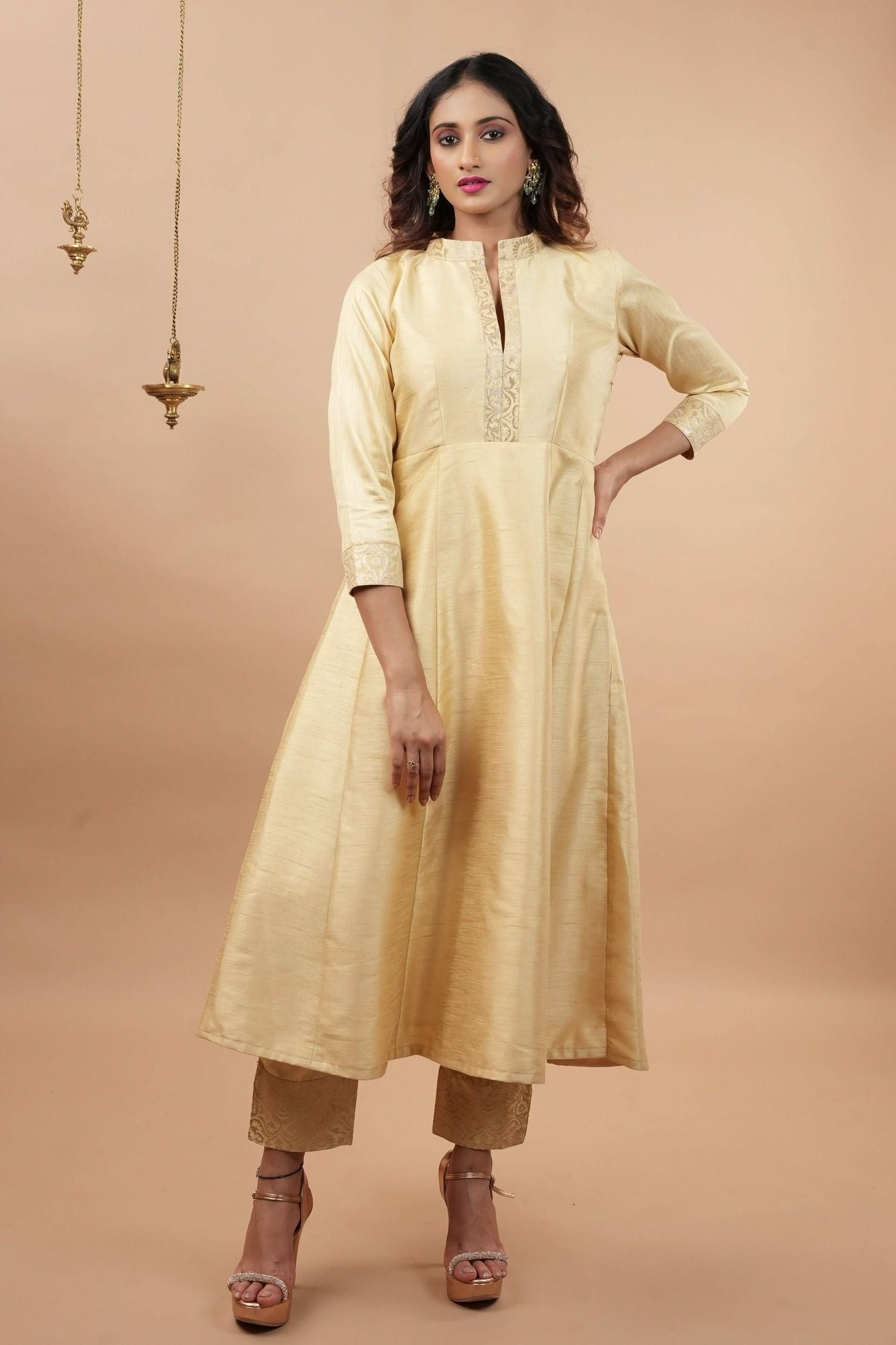 Ivory Light Flare Anarkali and Ankle Pants 2 pieve set with Banarasi Brocade Trim | Made to Order