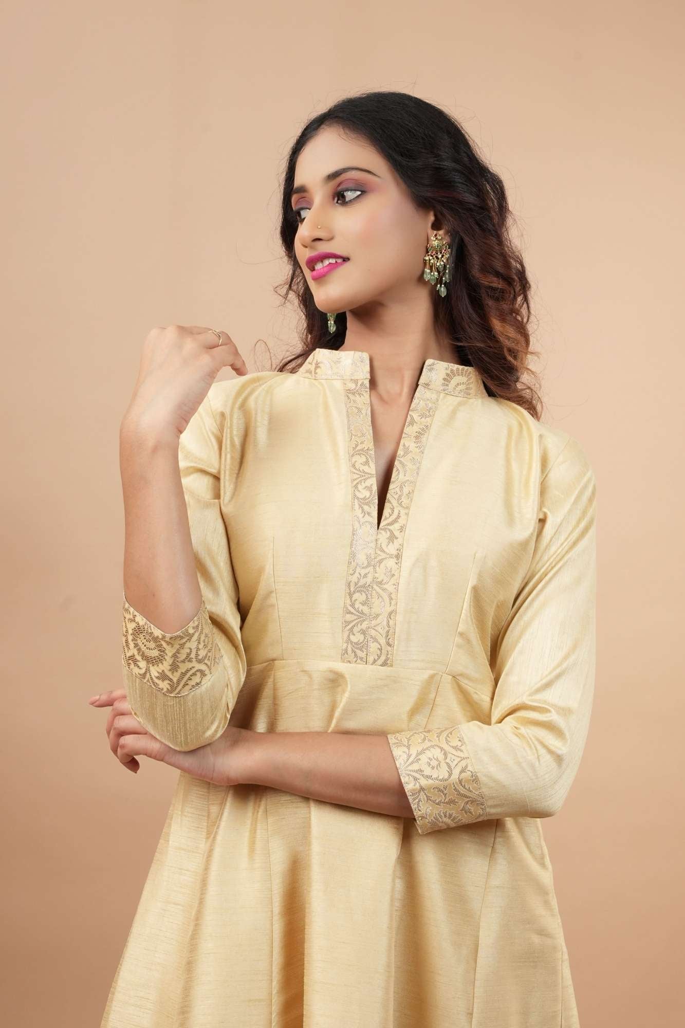 Ivory Light Flare Anarkali and Ankle Pants 2 pieve set with Banarasi Brocade Trim | Made to Order