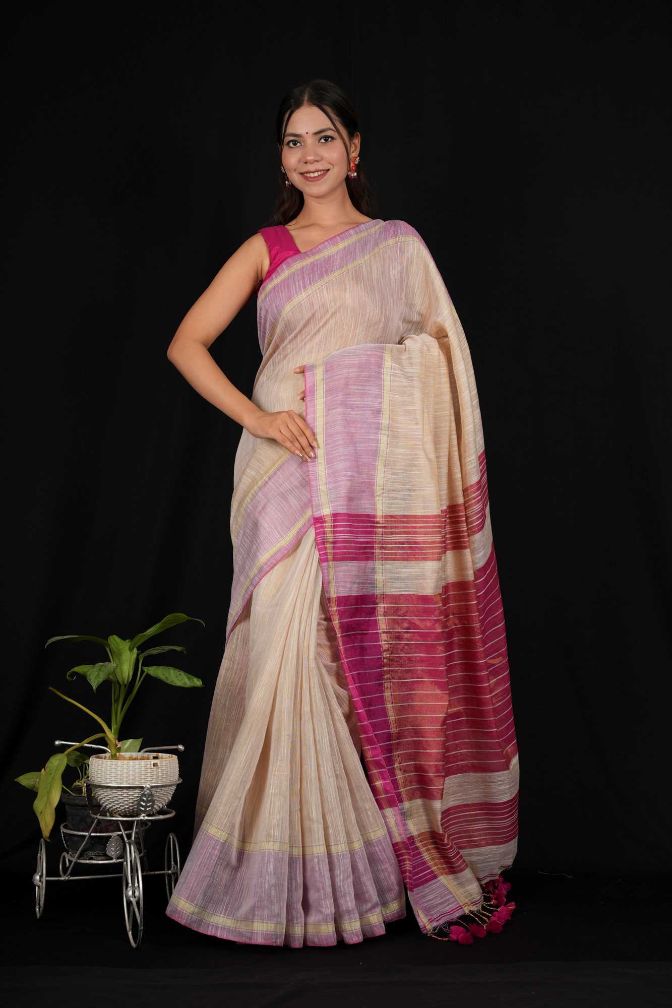 Tissue Beige and Pink Cotton Silk Saree with Striped Pallu Ready To Wear Saree