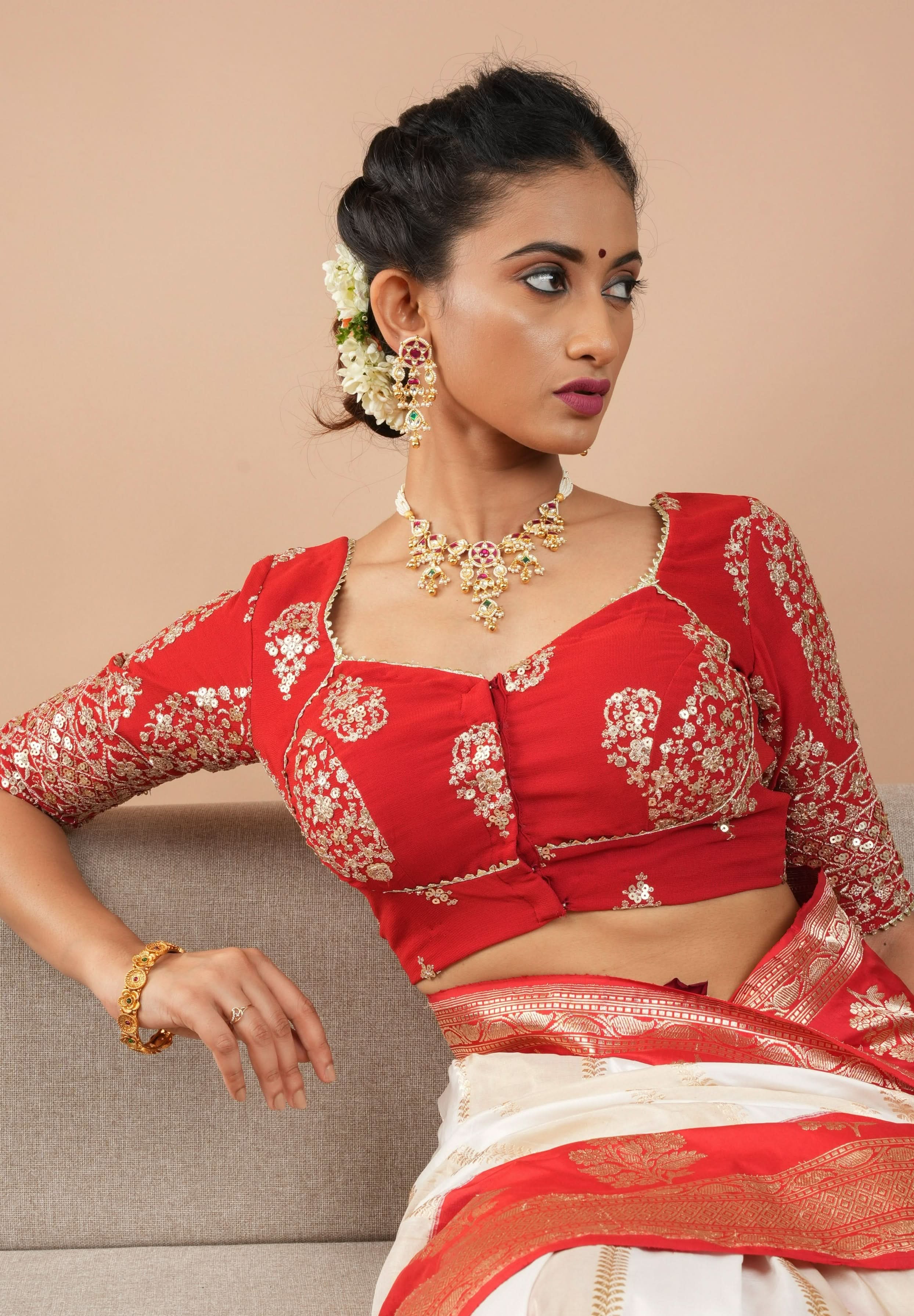 Red and Gold Georgette Blouse with Sequin Work and Gotta Detailing, Customizable, Made to Order | Shobitam
