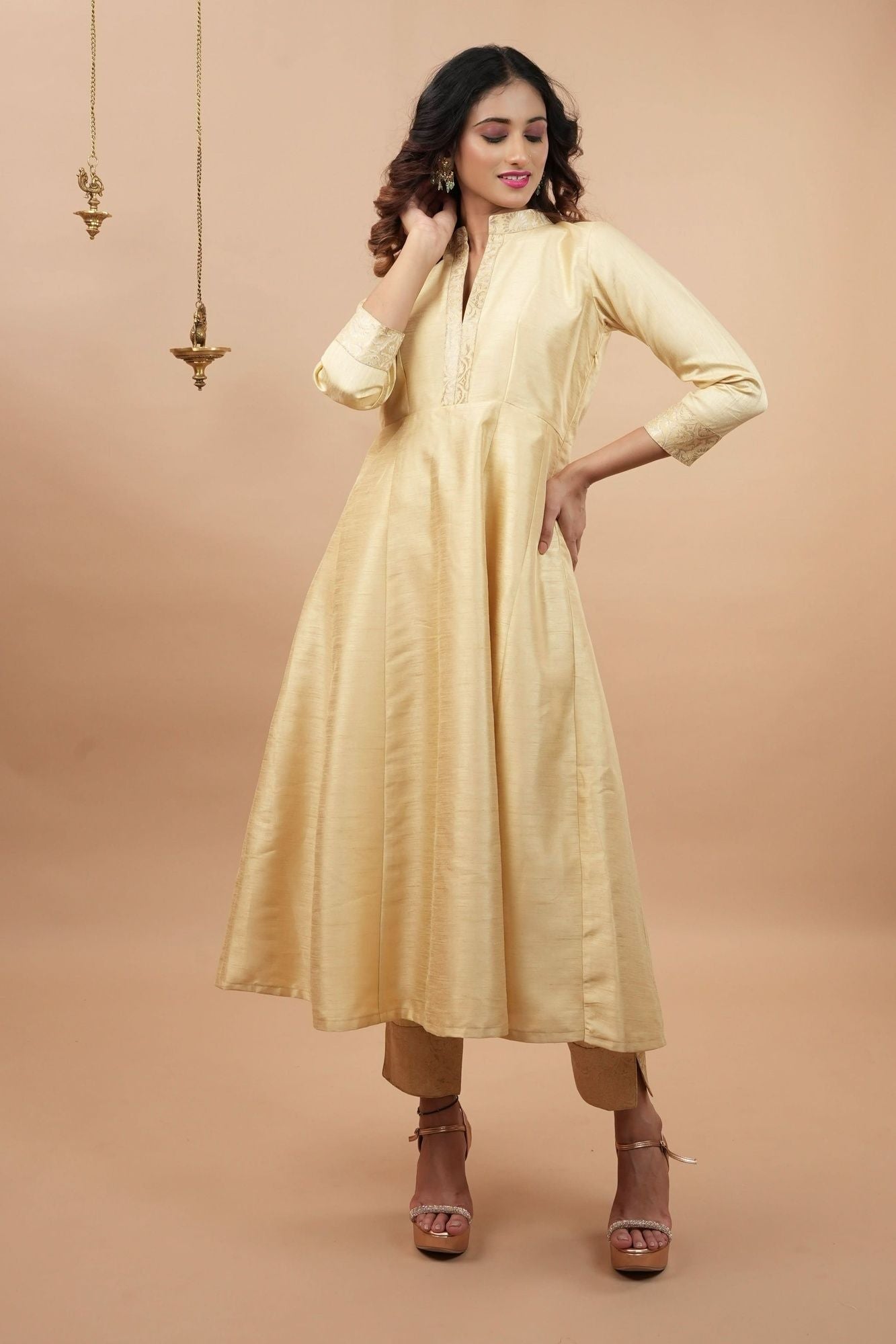 Ivory Light Flare Anarkali and Ankle Pants 2 pieve set with Banarasi Brocade Trim | Made to Order