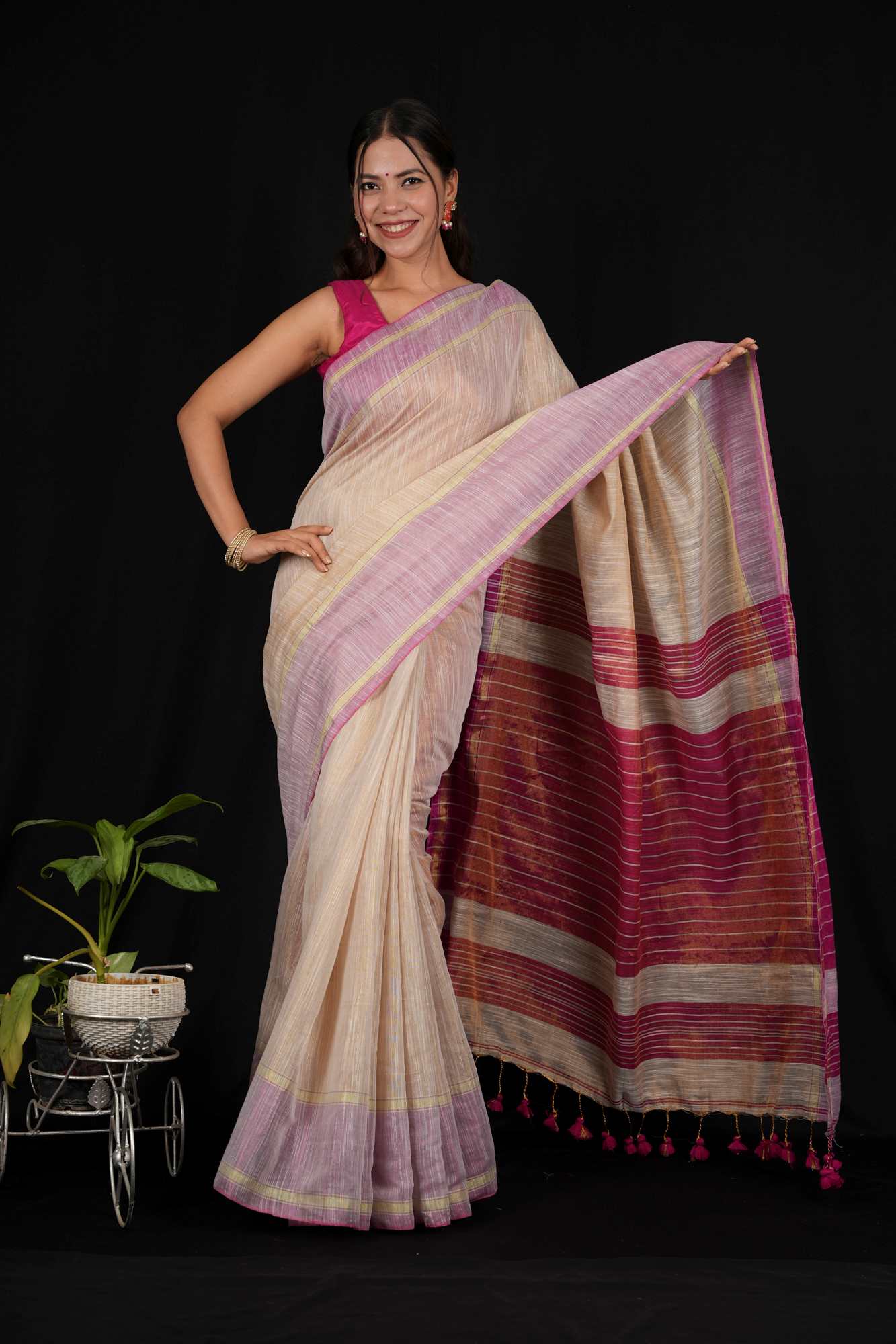 Tissue Beige and Pink Cotton Silk Saree with Striped Pallu Ready To Wear Saree