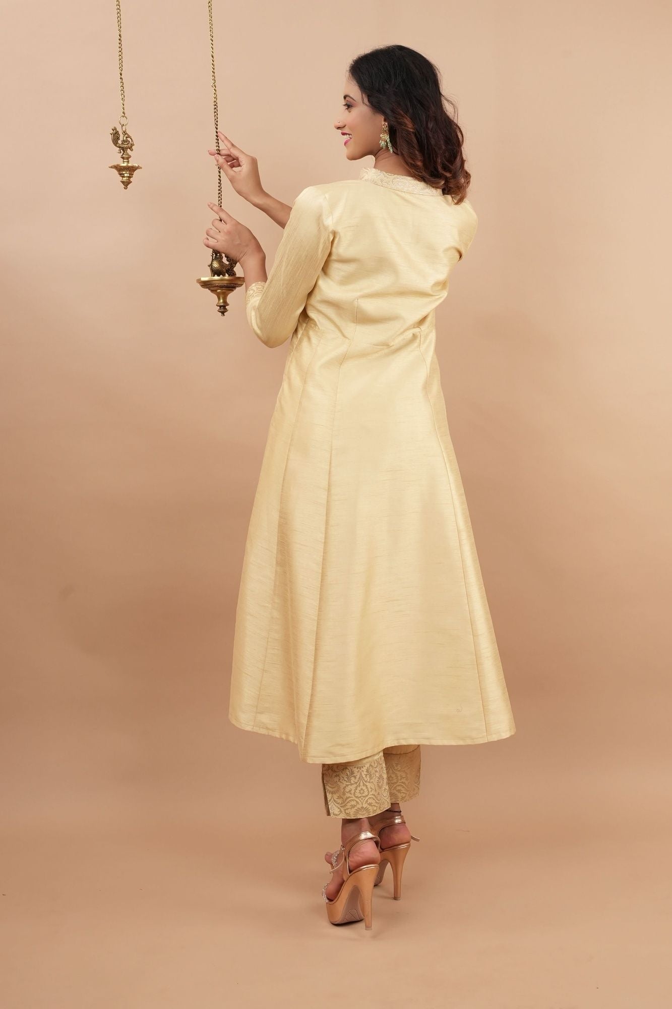 Ivory Light Flare Anarkali and Ankle Pants 2 pieve set with Banarasi Brocade Trim | Made to Order