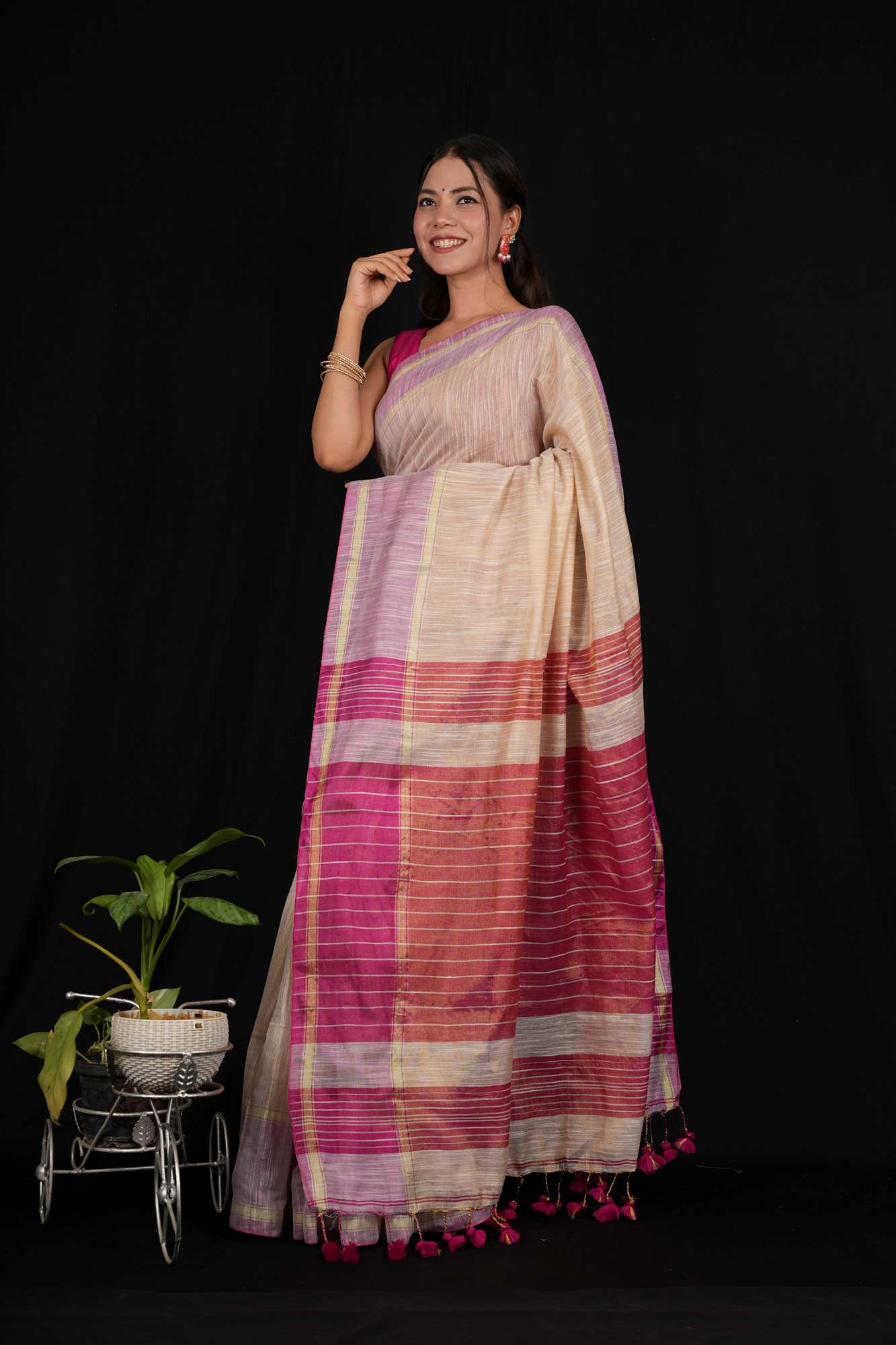 Tissue Beige and Pink Cotton Silk Saree with Striped Pallu Ready To Wear Saree